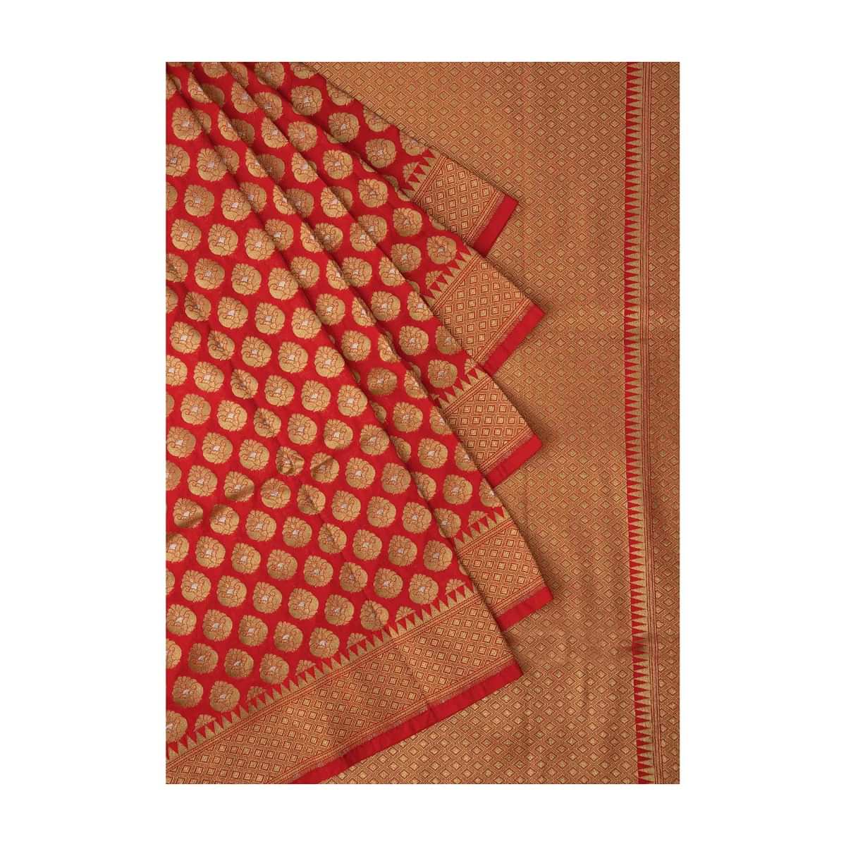 Cherry Red Saree In Chanderi Silk With Weaved Buttis And Geometric Motif On The Pallu And Border Online - Kalki Fashion