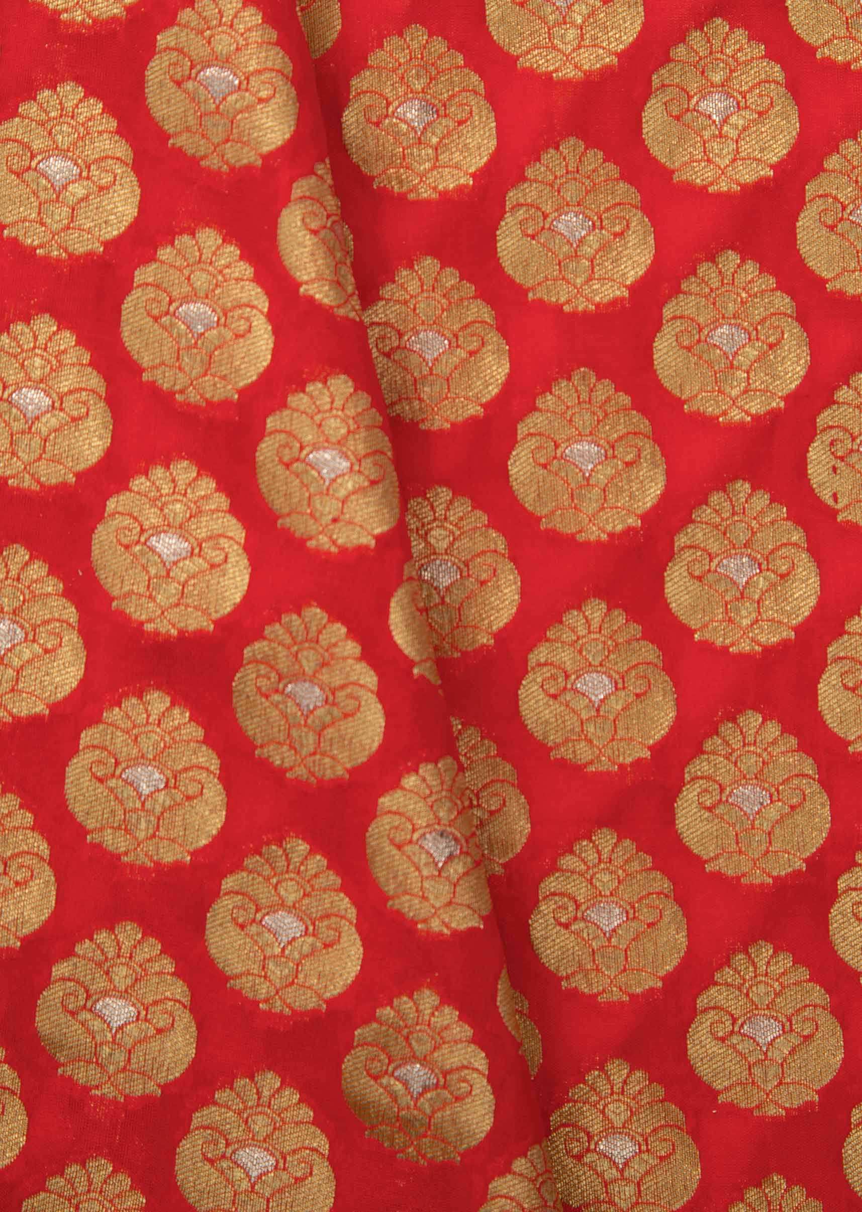 Cherry red chanderi silk saree with weaved butti and geometric motif pallav border
