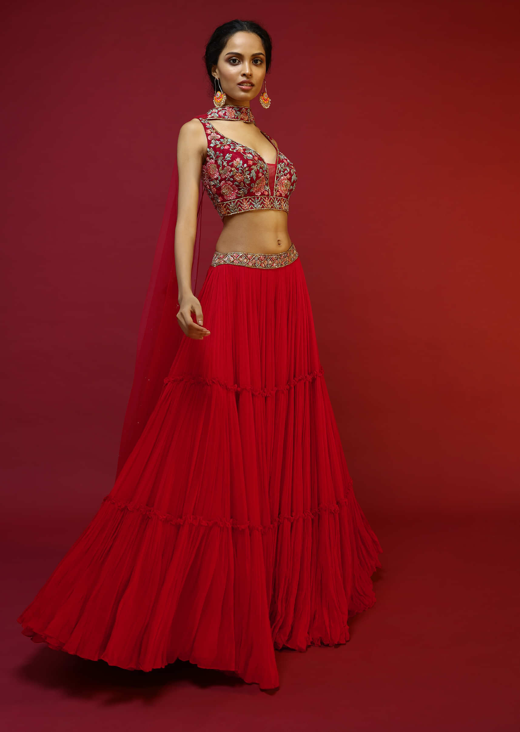 Cherry Red Gathered Lehenga Choli With Hand Embroidered Multi Colored Resham And Sequins Work In Floral Jaal Design 