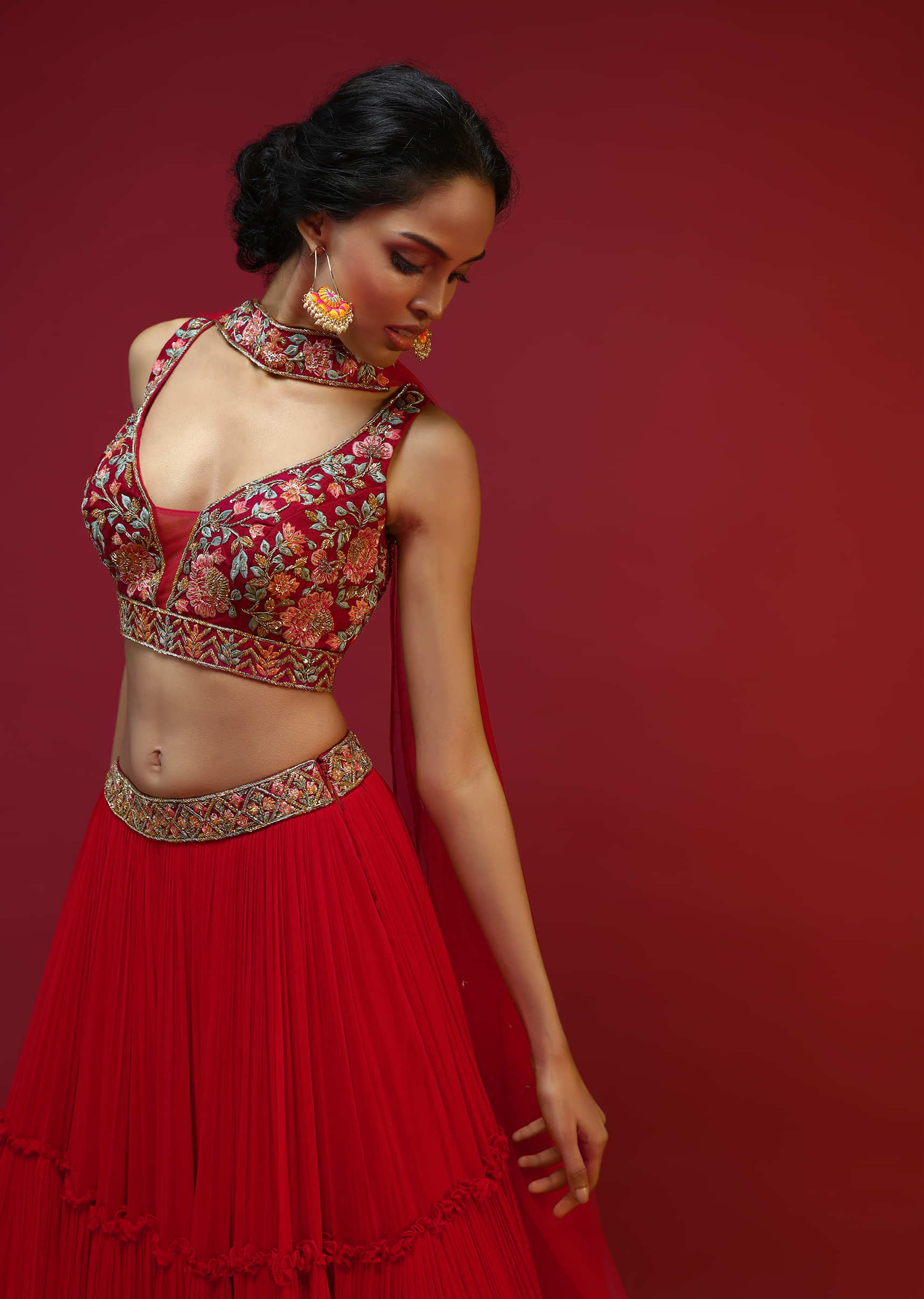 Cherry Red Gathered Lehenga Choli With Hand Embroidered Multi Colored Resham And Sequins Work In Floral Jaal Design 