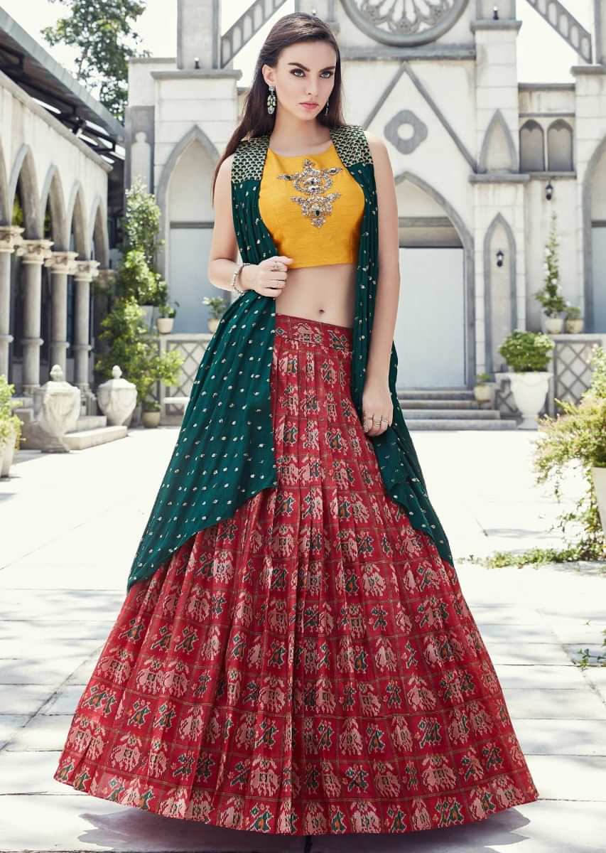 Cream Georgette Crop Top Lehenga with Jacket - CCDD1626 from saree.com