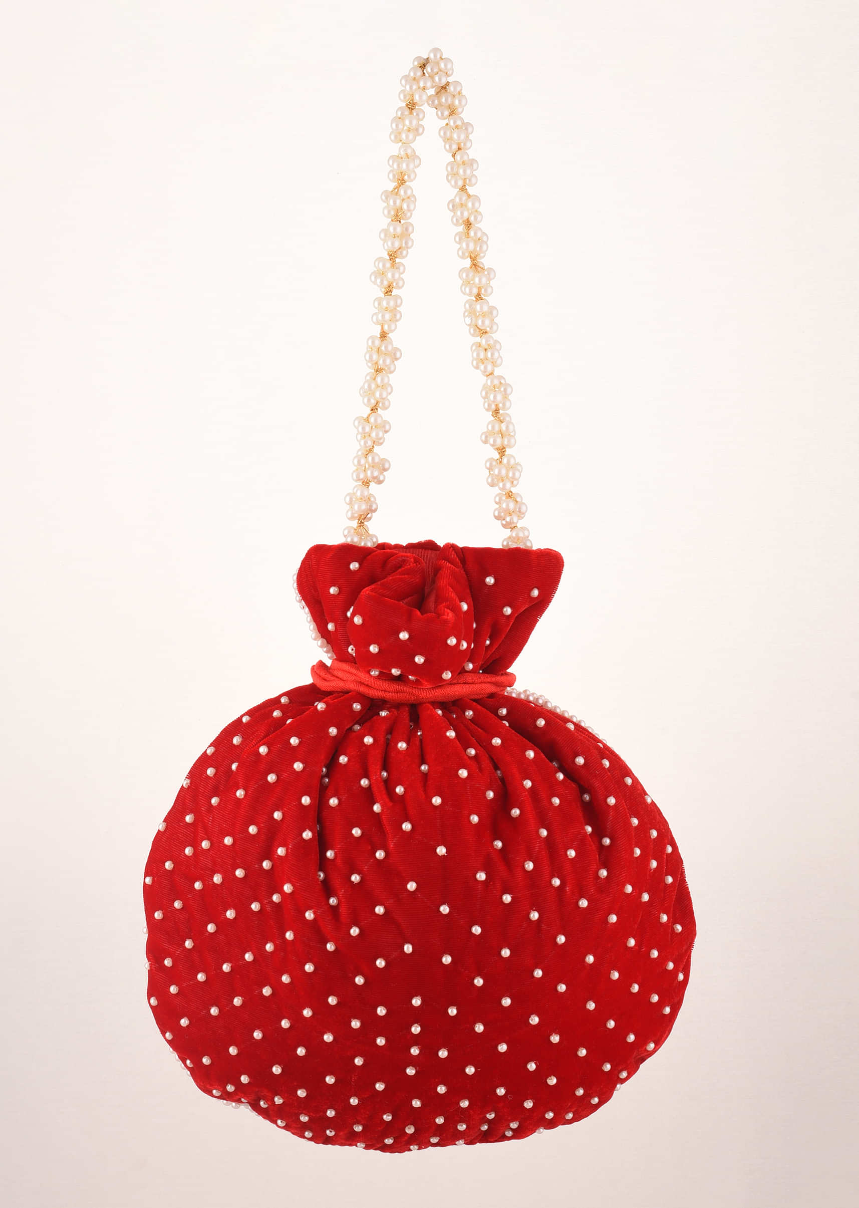 Cherry Red Potli Bag In Velvet With Moti Work In Crescent Design Along The Edge And Scattered In The Centre By Shubham