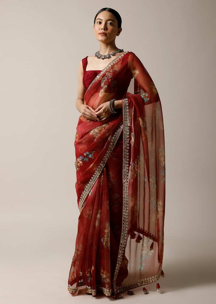 Cherry Red Saree In Organza With Floral Print And Gotta Patti Embroidered Border Along With Unstitched Blouse