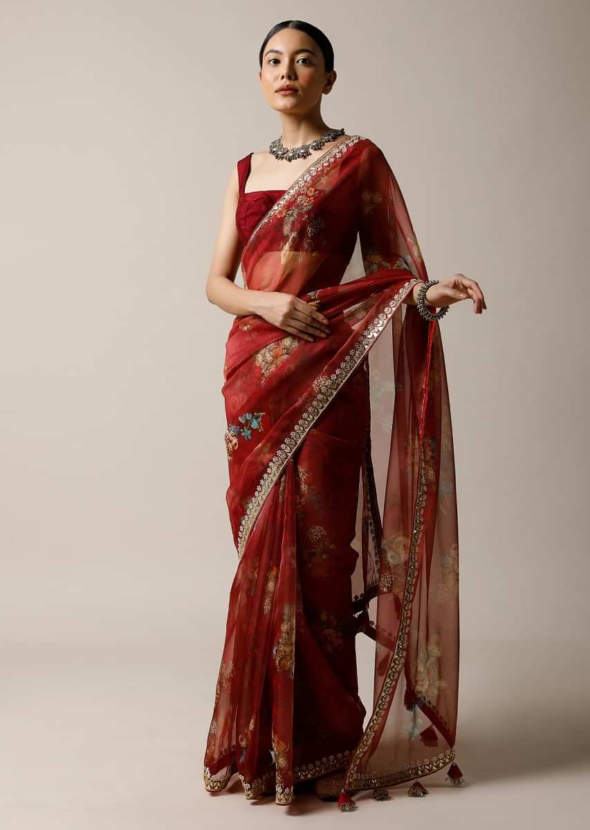 Cherry Red Saree In Organza With Floral Print And Gotta Patti Embroidered Border Along With Unstitched Blouse