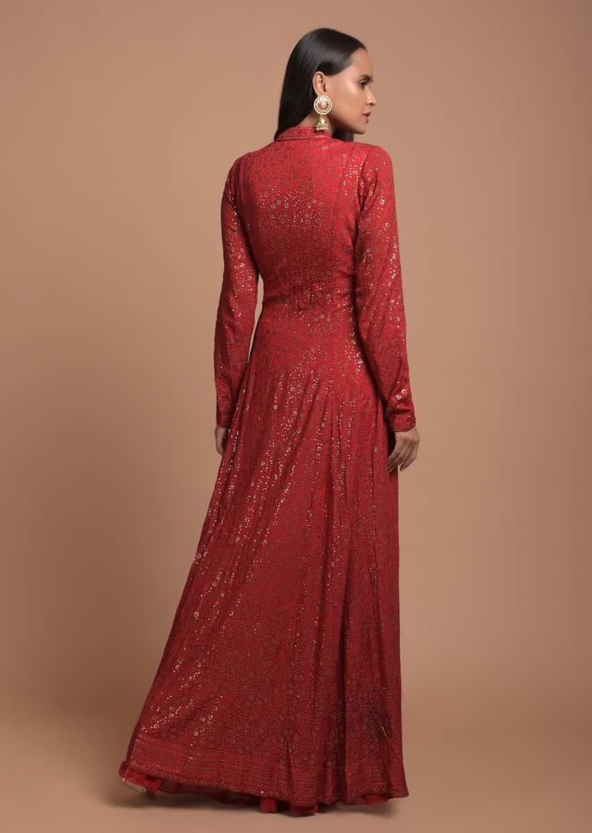Cherry Red Sharara Suit With Sequins Embellished Anarkali Kurta Having Front Slit  