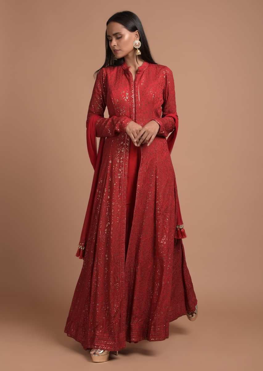 Cherry Red Sharara Suit With Sequins Embellished Anarkali Kurta Having Front Slit  
