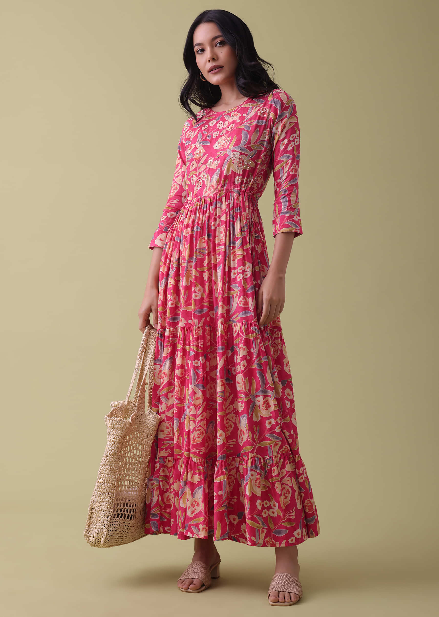 Buy Cherry Pink Embroidered Kurti In Cotton With Floral Print