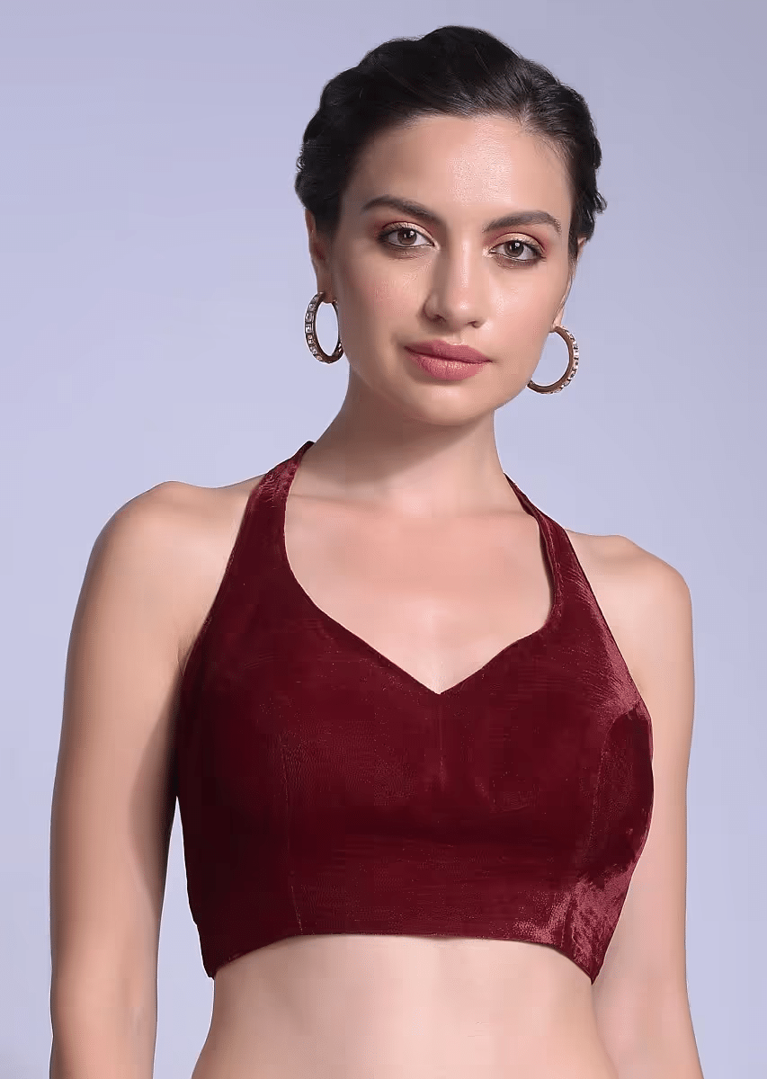 Cherry Red Blouse In Velvet With Halter Straps And Sweetheart Neckline