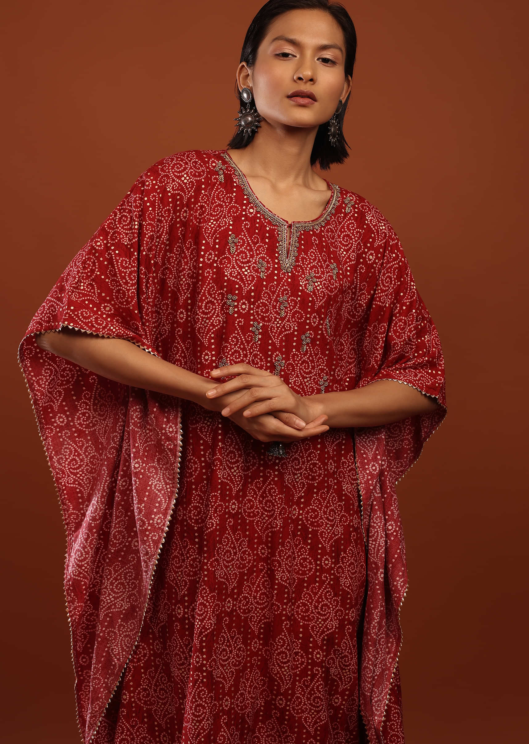 Cherry Red Kaftan Set With Bandhani Print And Beads Embroidered Yoke