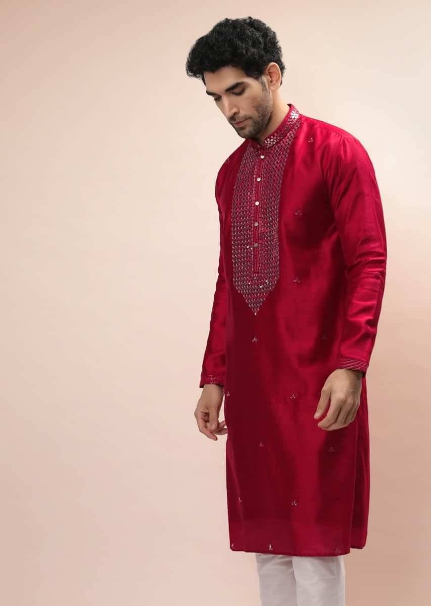 Cherry Red Kurta Set In Silk With Heavy Mirror Embroidered Placket And Butti Work