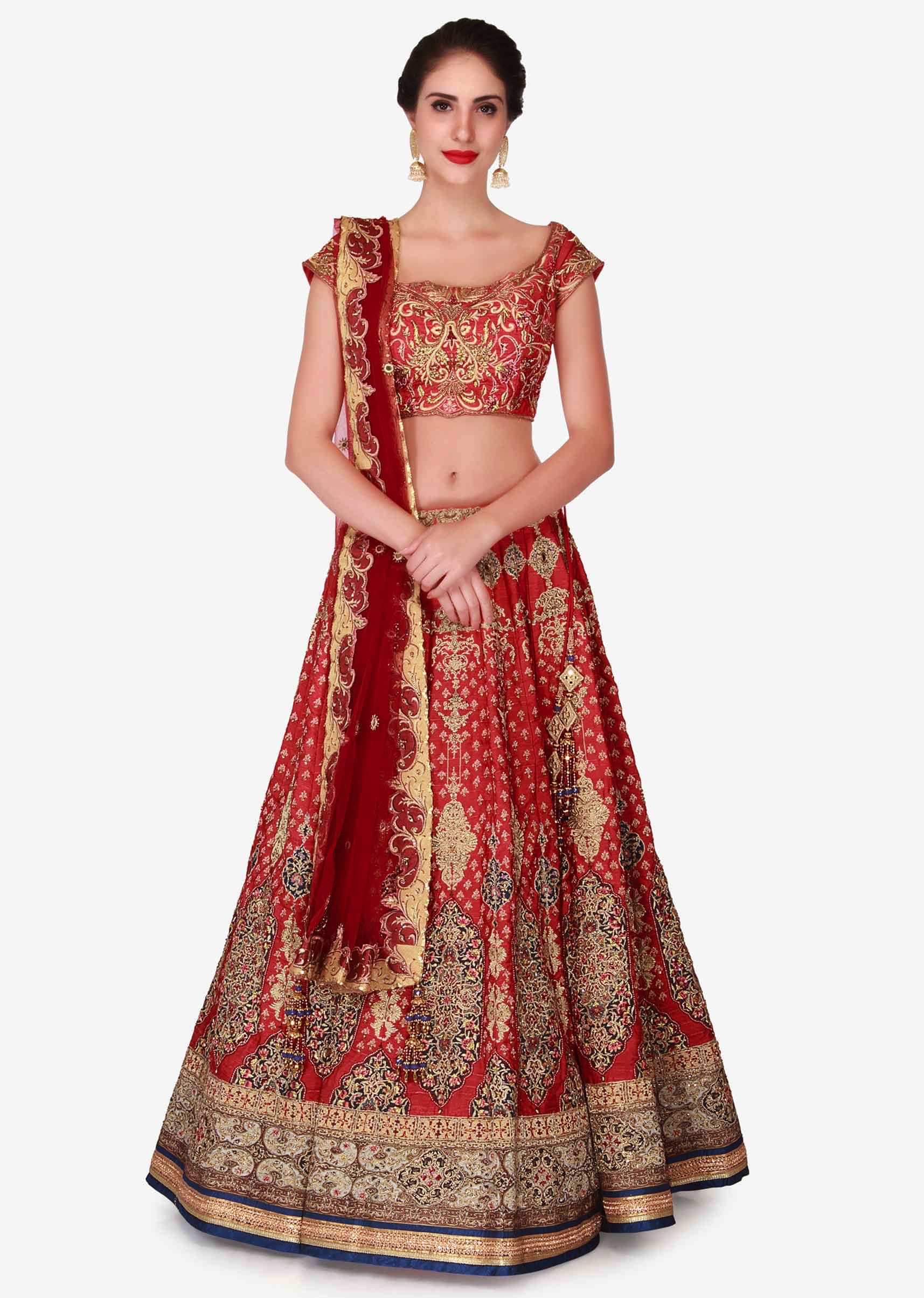 Cherry Red Lehenga In Raw Silk Embellished In Zari Embroidery Work Online - Kalki Fashion