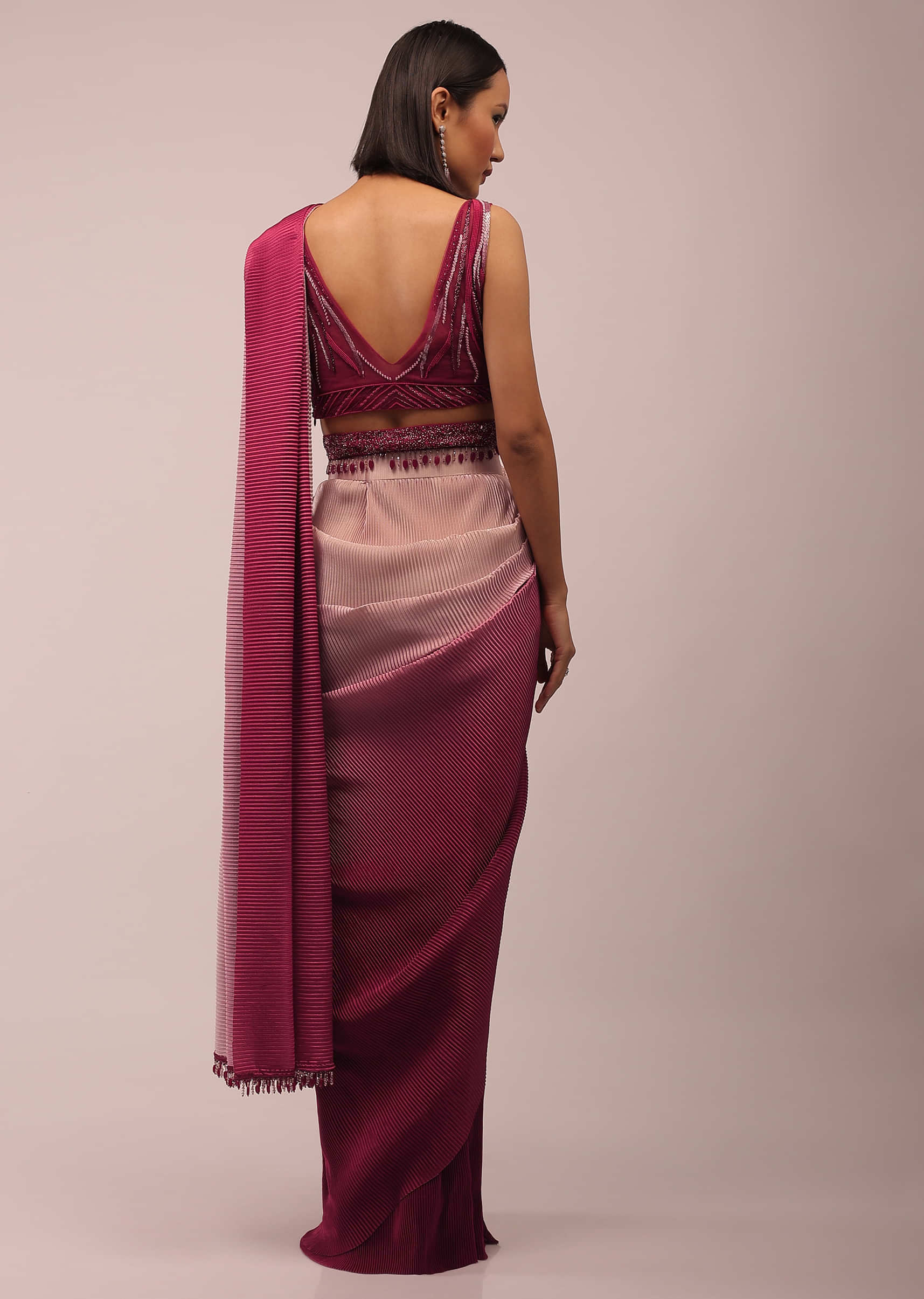 Cherry Red Ombre Ready-Pleated Saree Crafted In The Crush, It Is Paired With The Crop Top In Cut Dana Embroidery