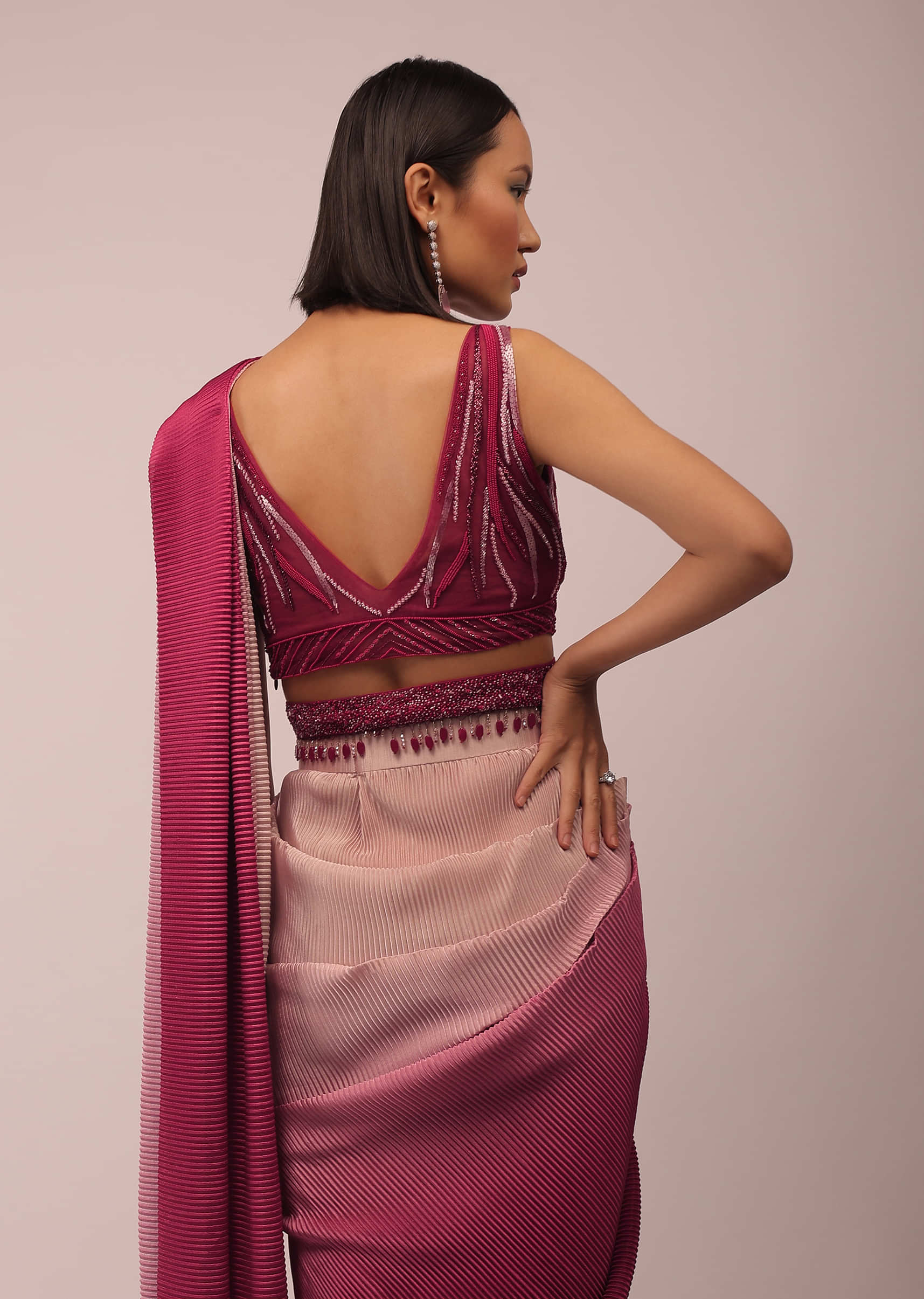 Cherry Red Ombre Ready-Pleated Saree Crafted In The Crush, It Is Paired With The Crop Top In Cut Dana Embroidery