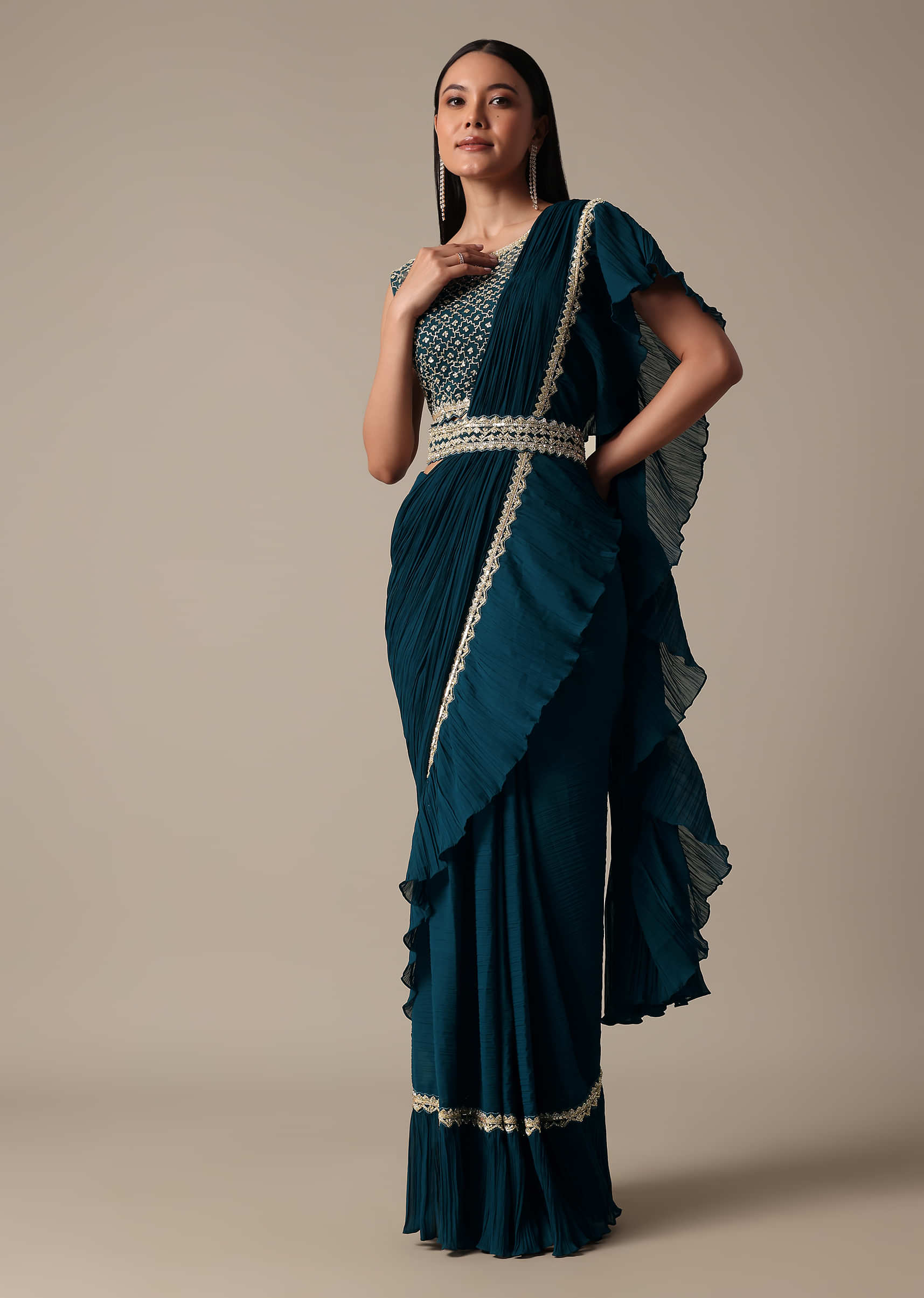 Chic Blue Ready Pleated Saree With Ready Made Blouse