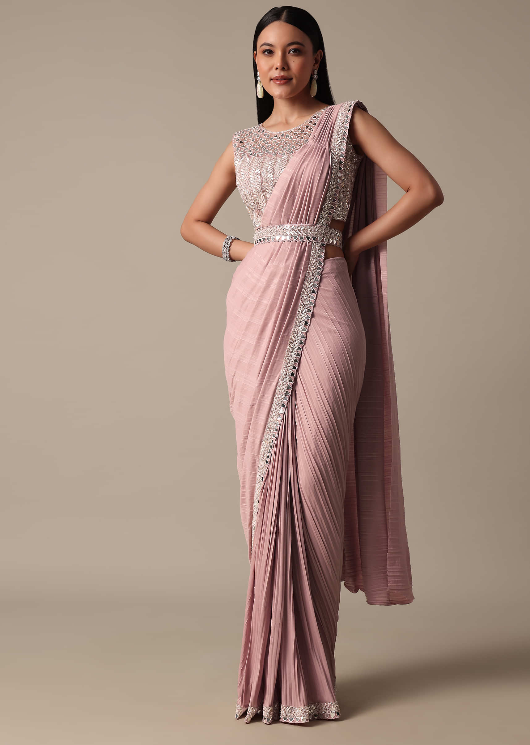 Onion Pink Readymade Fancy Saree with Readymade Blouse with Belt