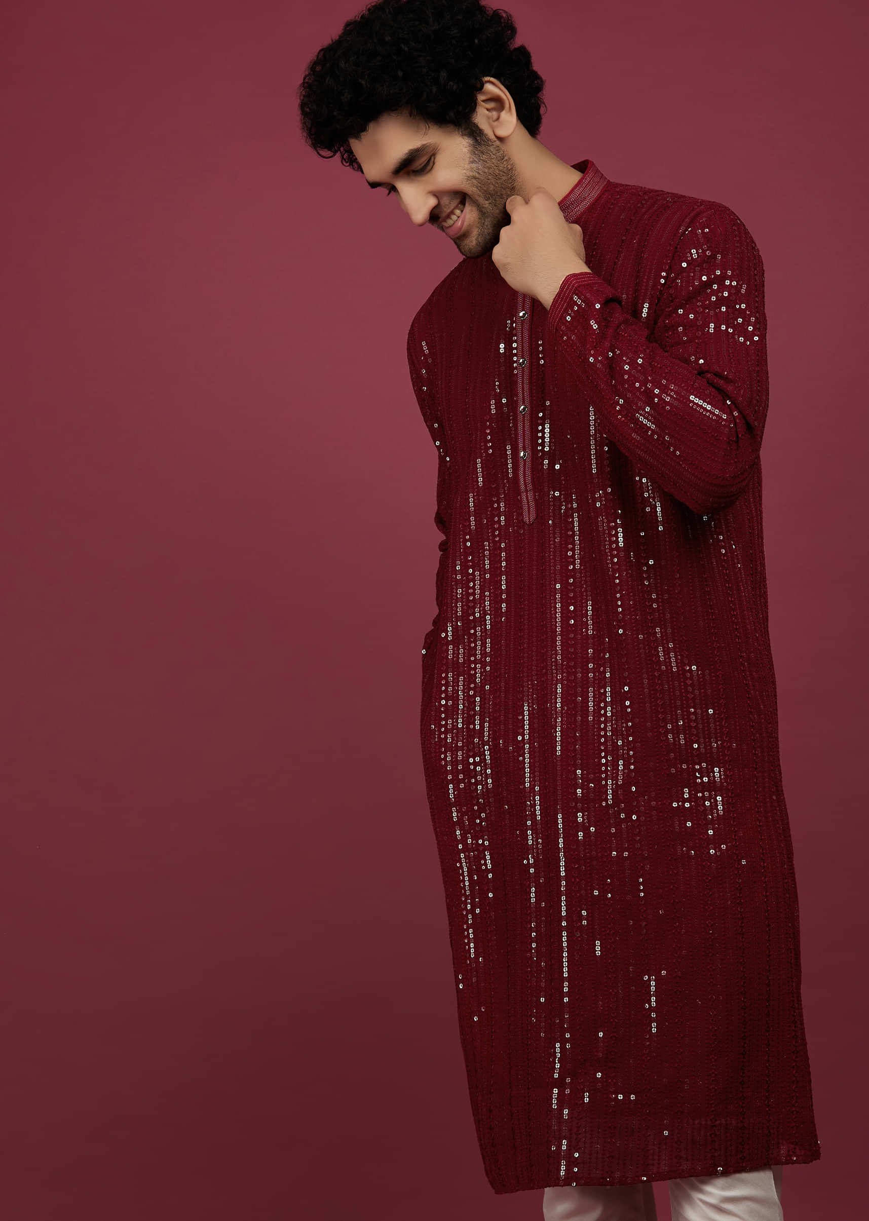 Chilli Pepper Red Silk Embroidered Kurta Set In Sequins And Thread Work