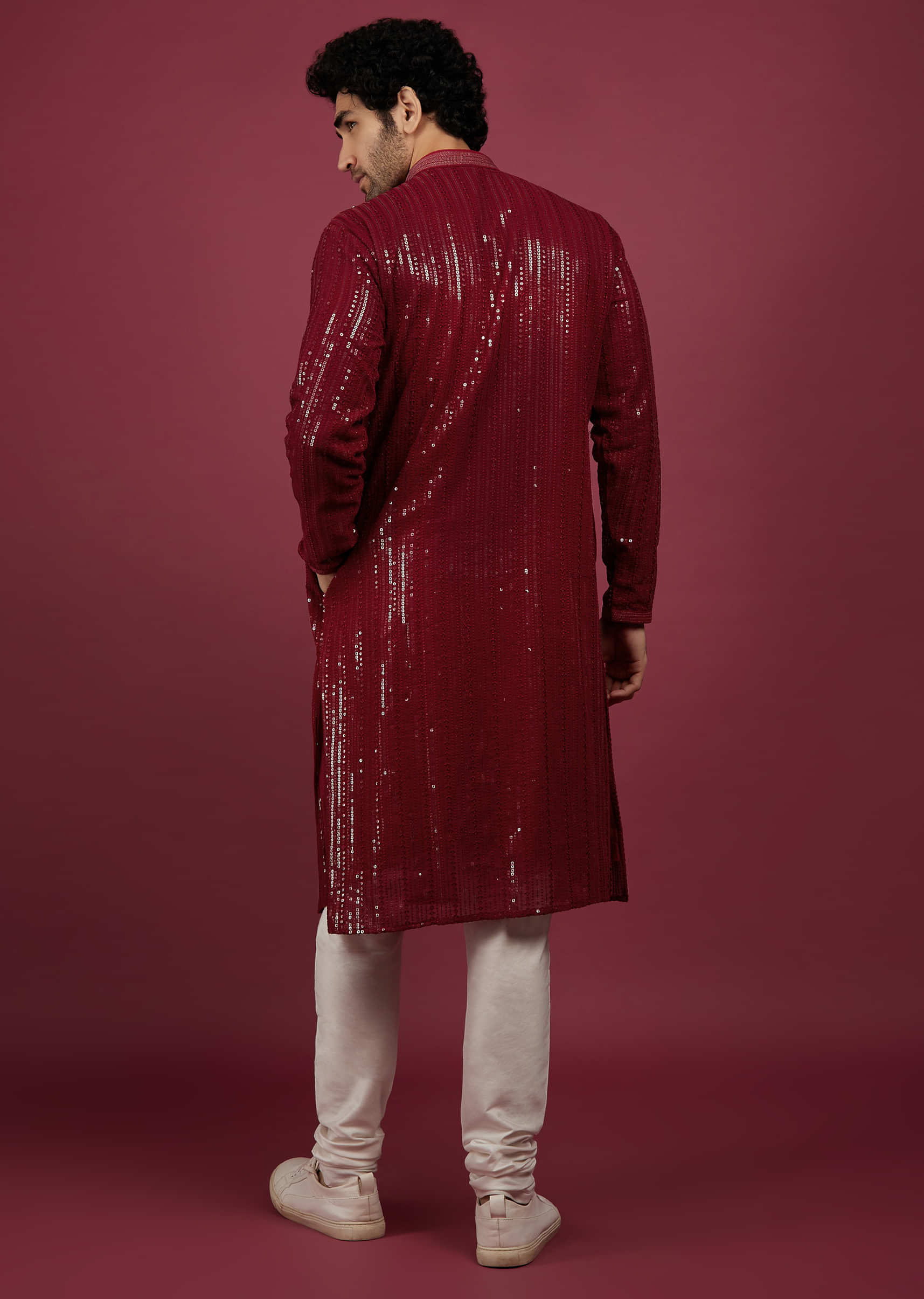 Blood Red Silk Embroidered Kurta Set In Sequins And Thread Work