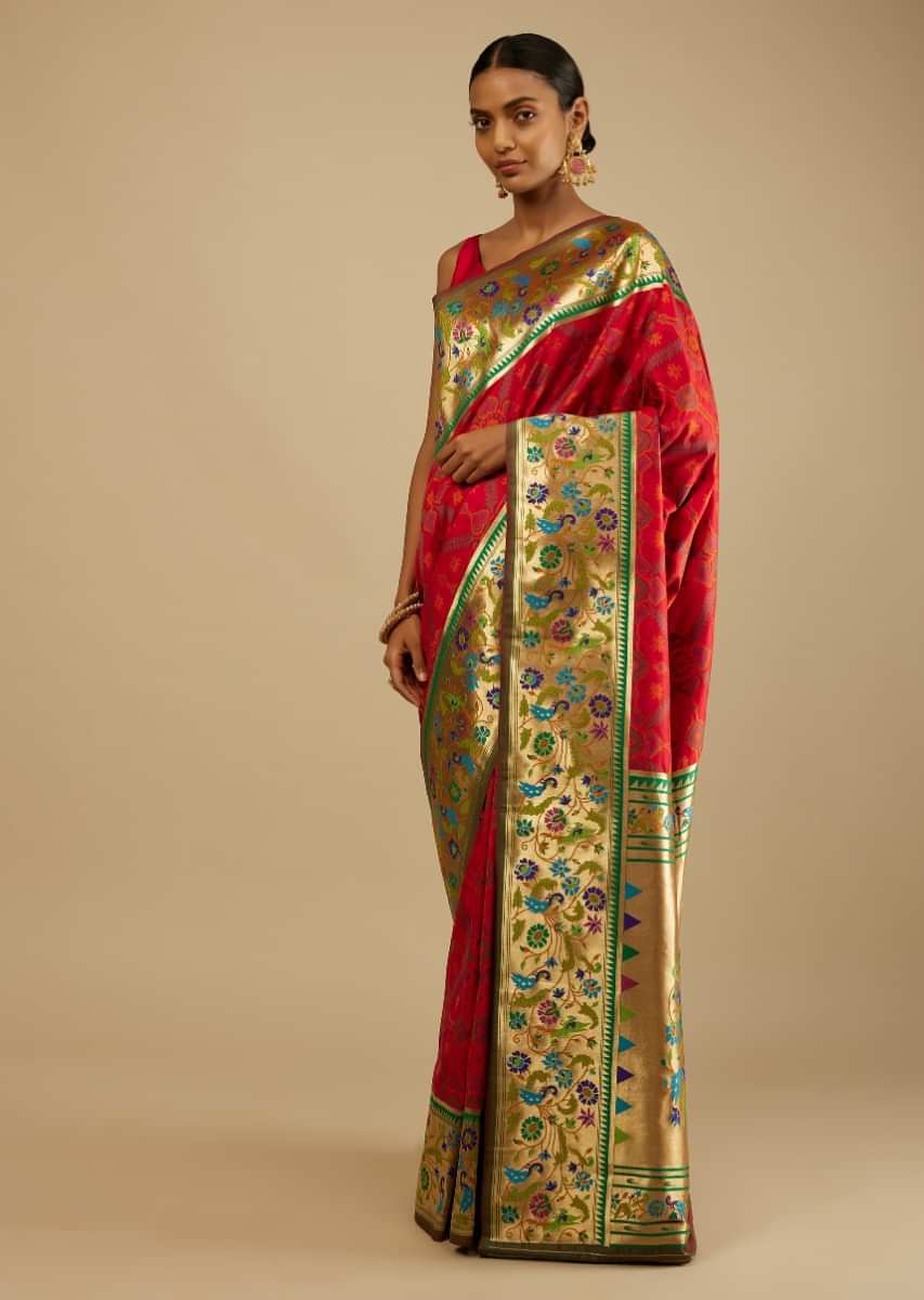 Chilly Red Saree In Silk Blend With Woven Patola Jaal And A Gold Border With Woven Colorful Peacock Motifs  