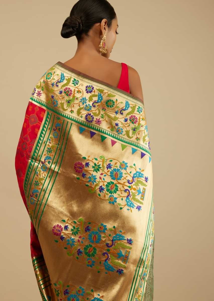 Chilly Red Saree In Silk Blend With Woven Patola Jaal And A Gold Border With Woven Colorful Peacock Motifs  