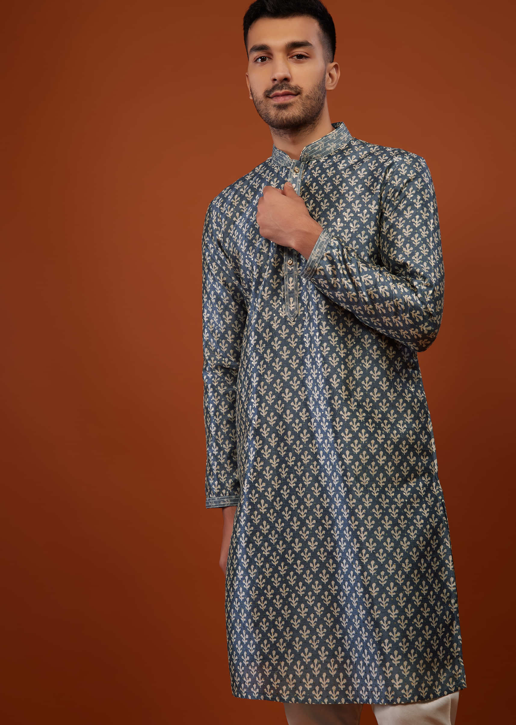 Persian Blue Kurta Set With Print And Embroidery In Cotton Silk