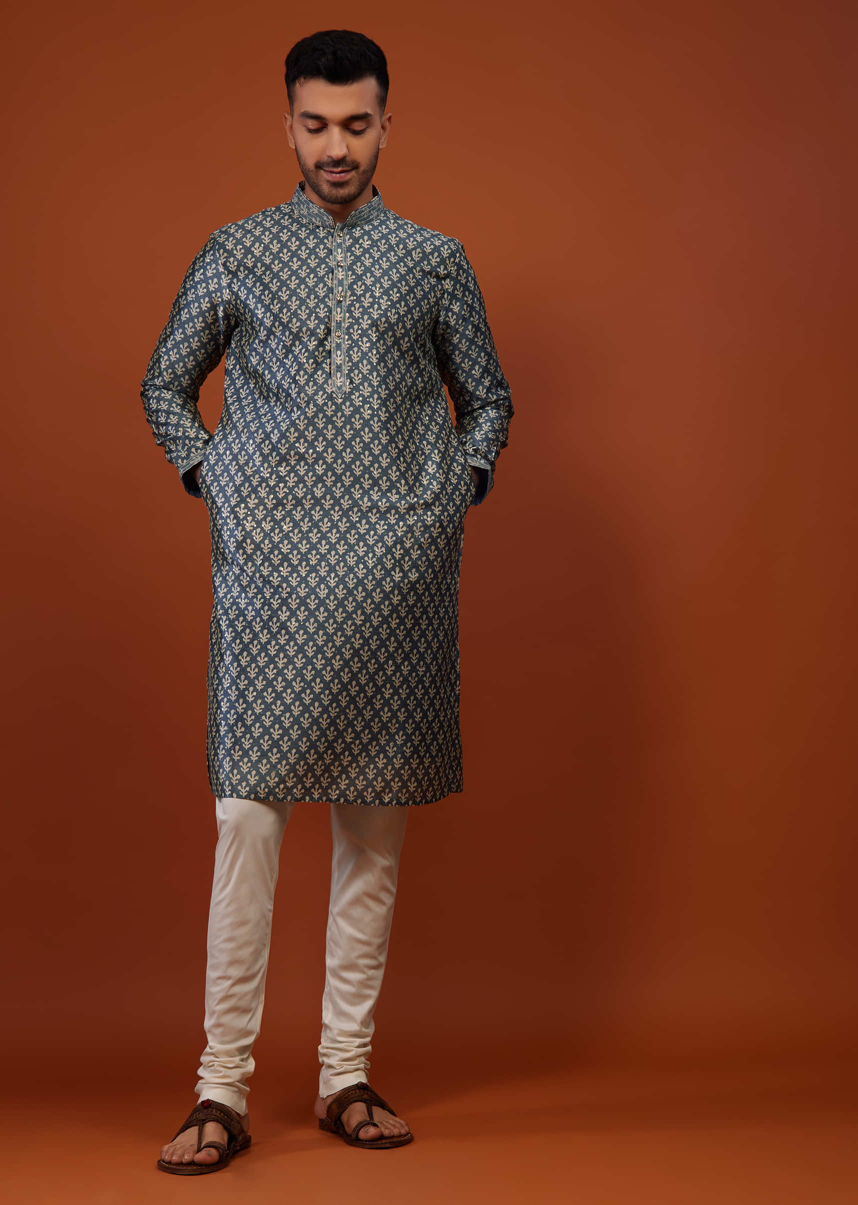 Persian Blue Kurta Set With Print And Embroidery In Cotton Silk