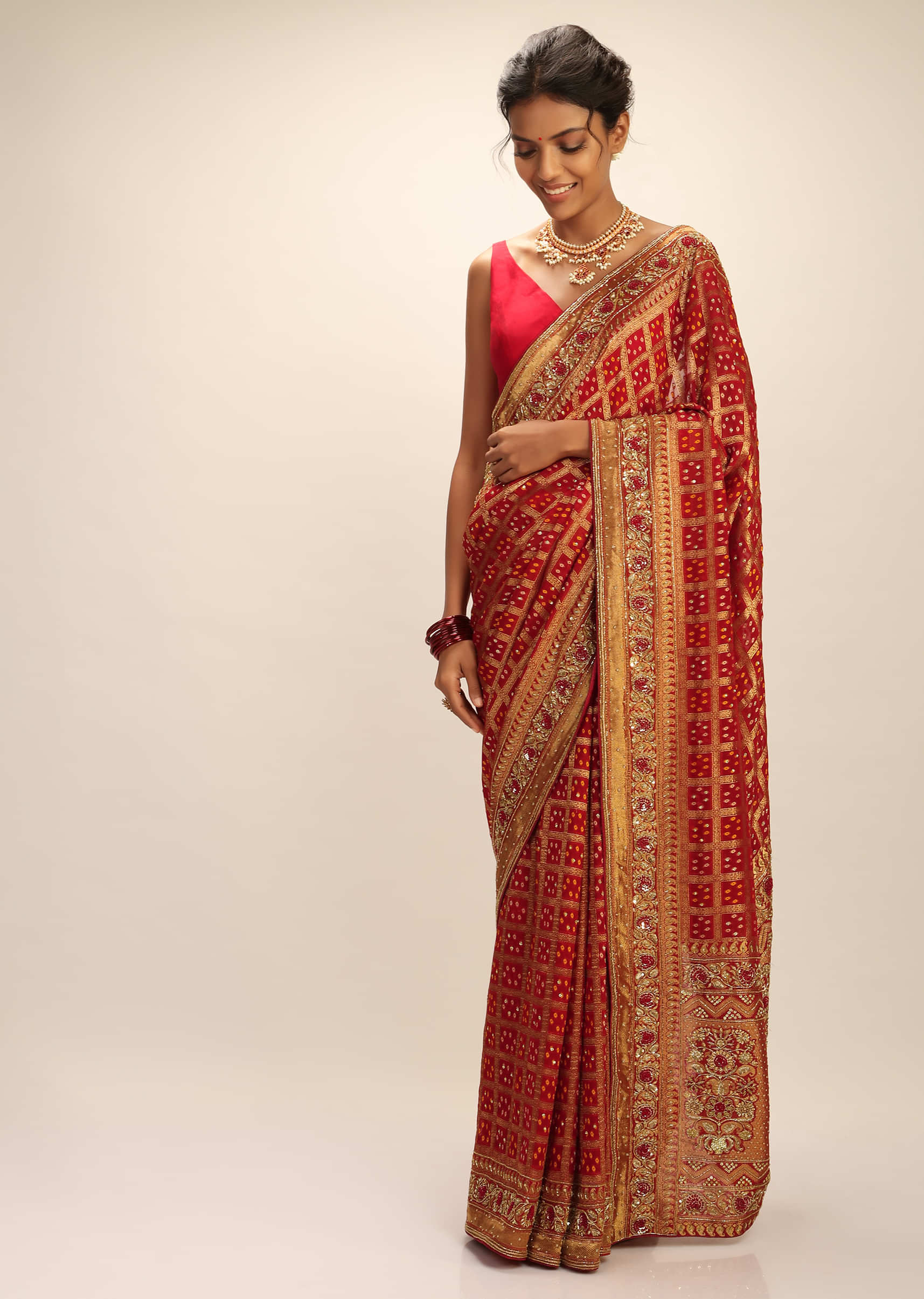 Chinese Red Banarasi Saree In Georgette With Woven Checks And Bandhani Design Along With Zardosi Work  