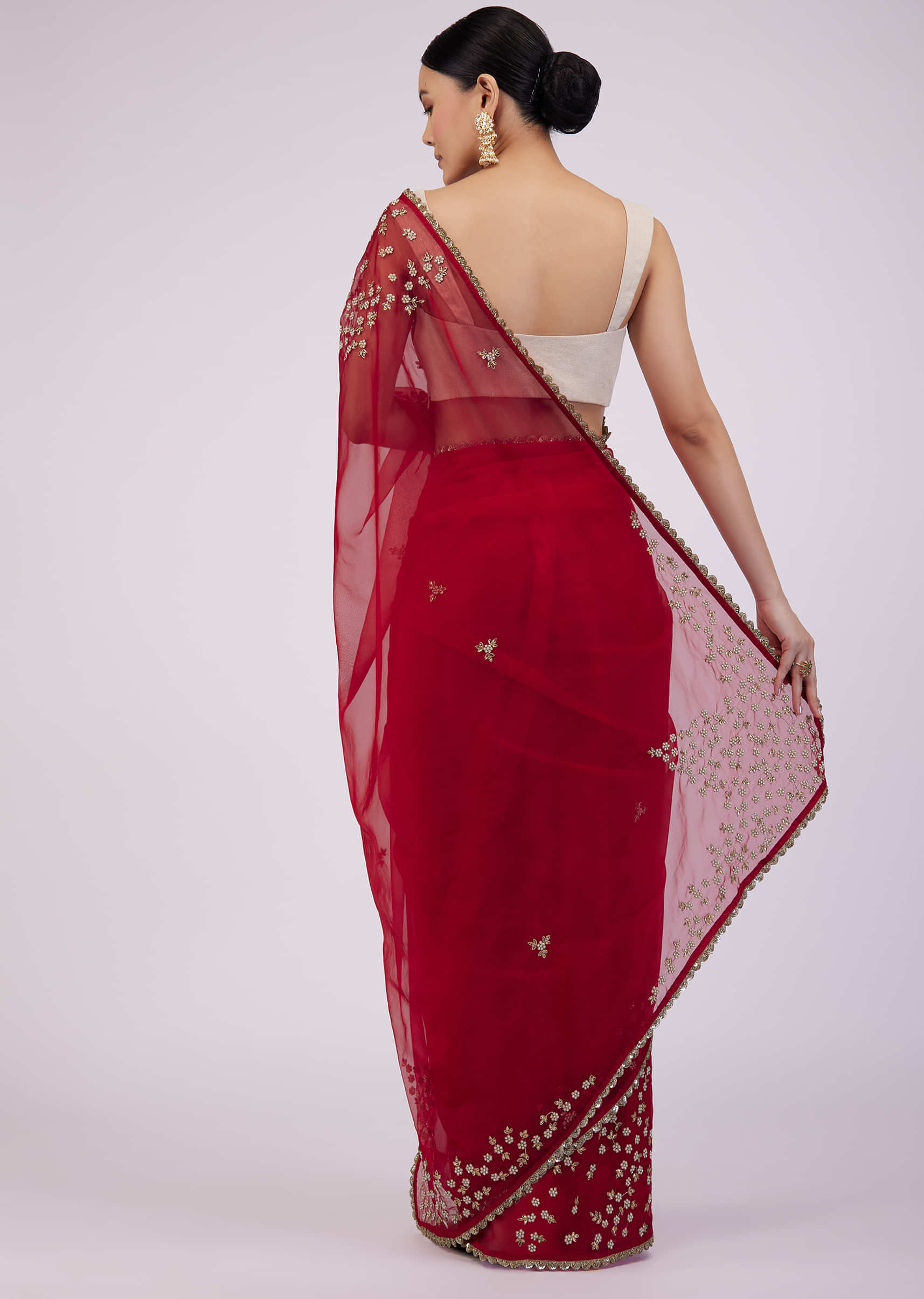 Carmine Red Saree In Organza With Embroidery
