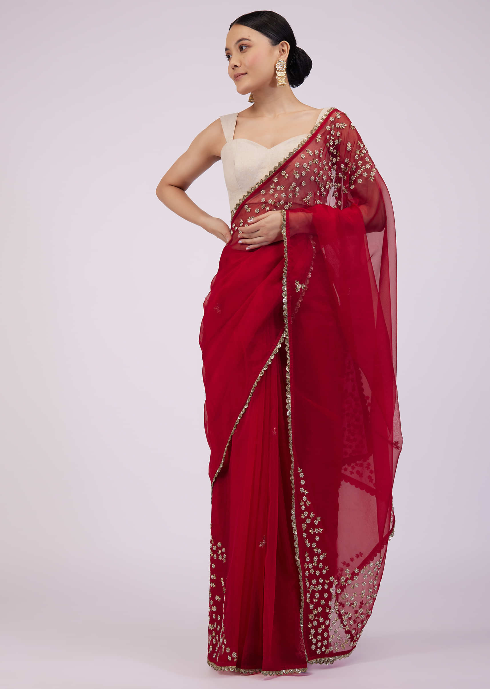 Carmine Red Saree In Organza With Embroidery