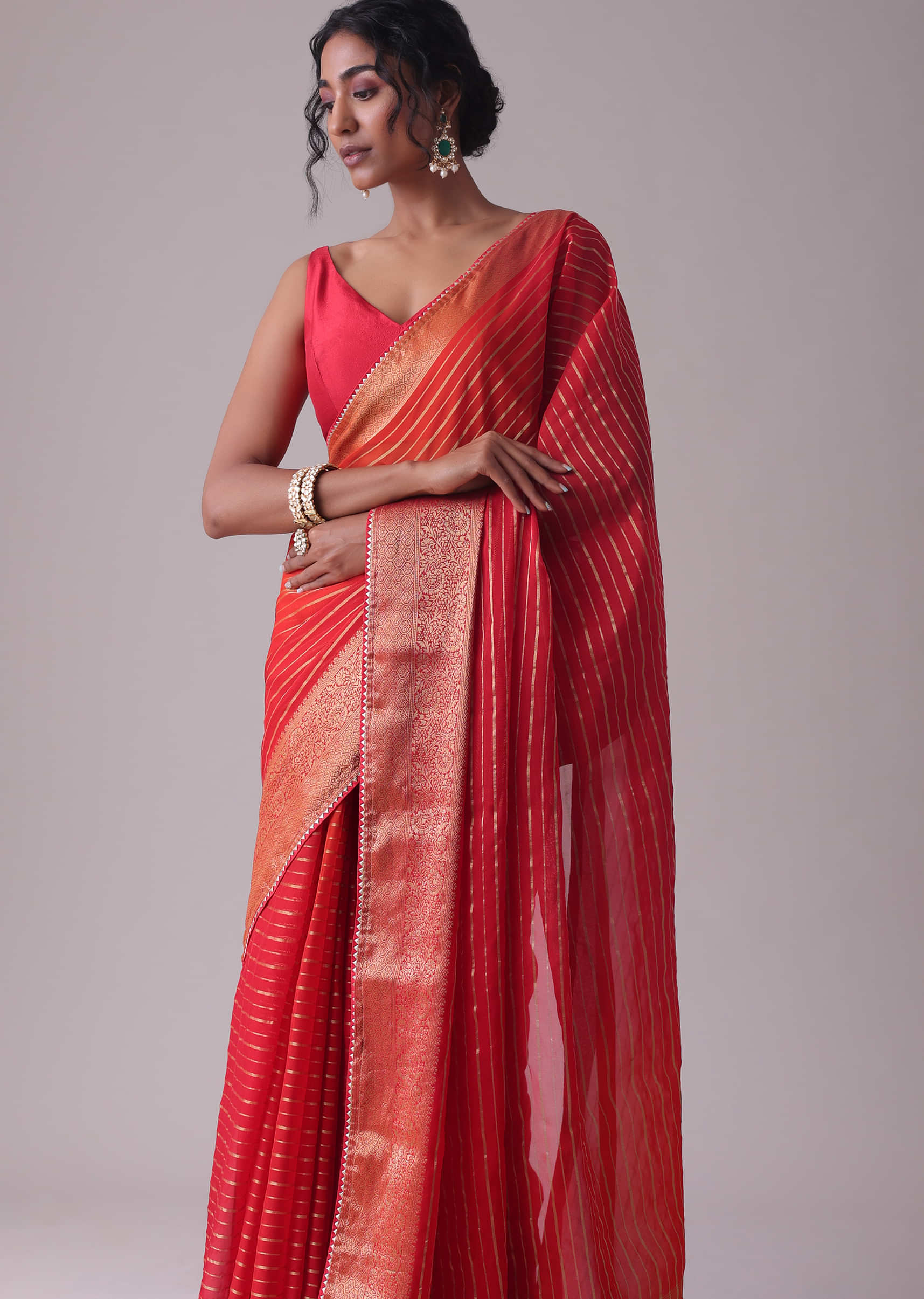 Buy Chinese Red Woven Saree In Organza Online
