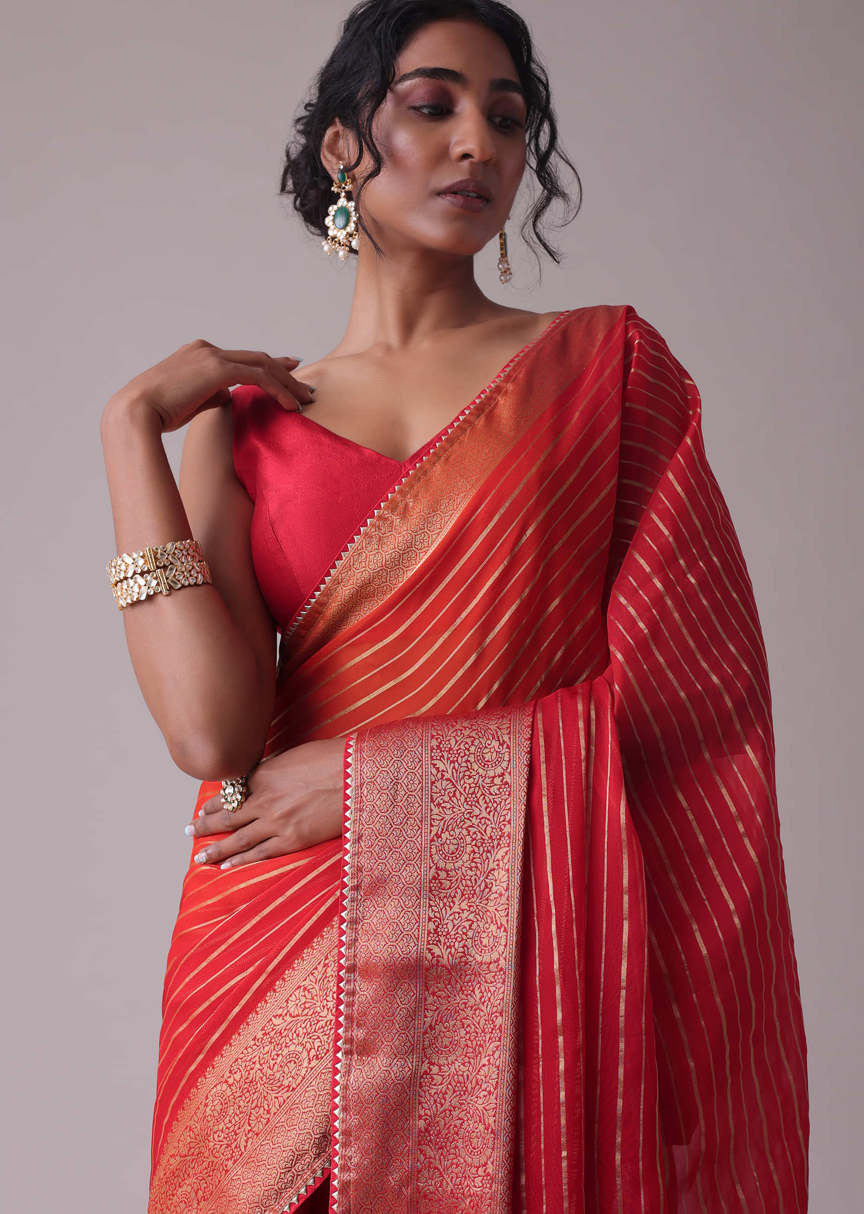 Buy Chinese Red Woven Saree In Organza