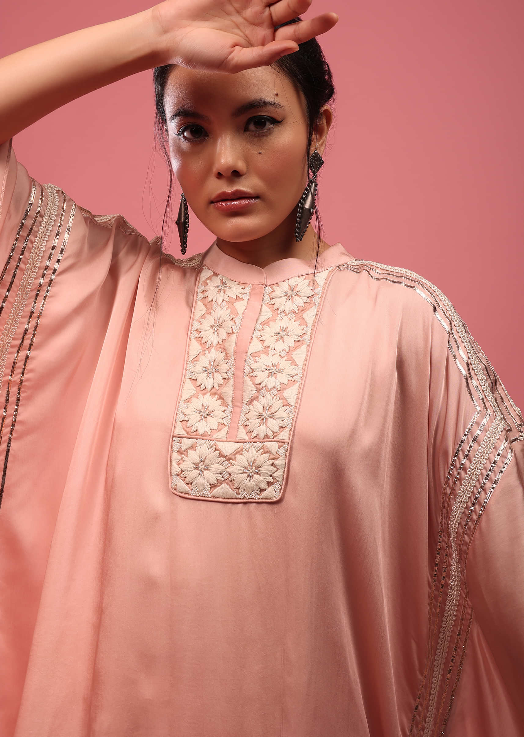 Rose Pink Kaftan Suit Embroidered In Satin With Dhoti Pants