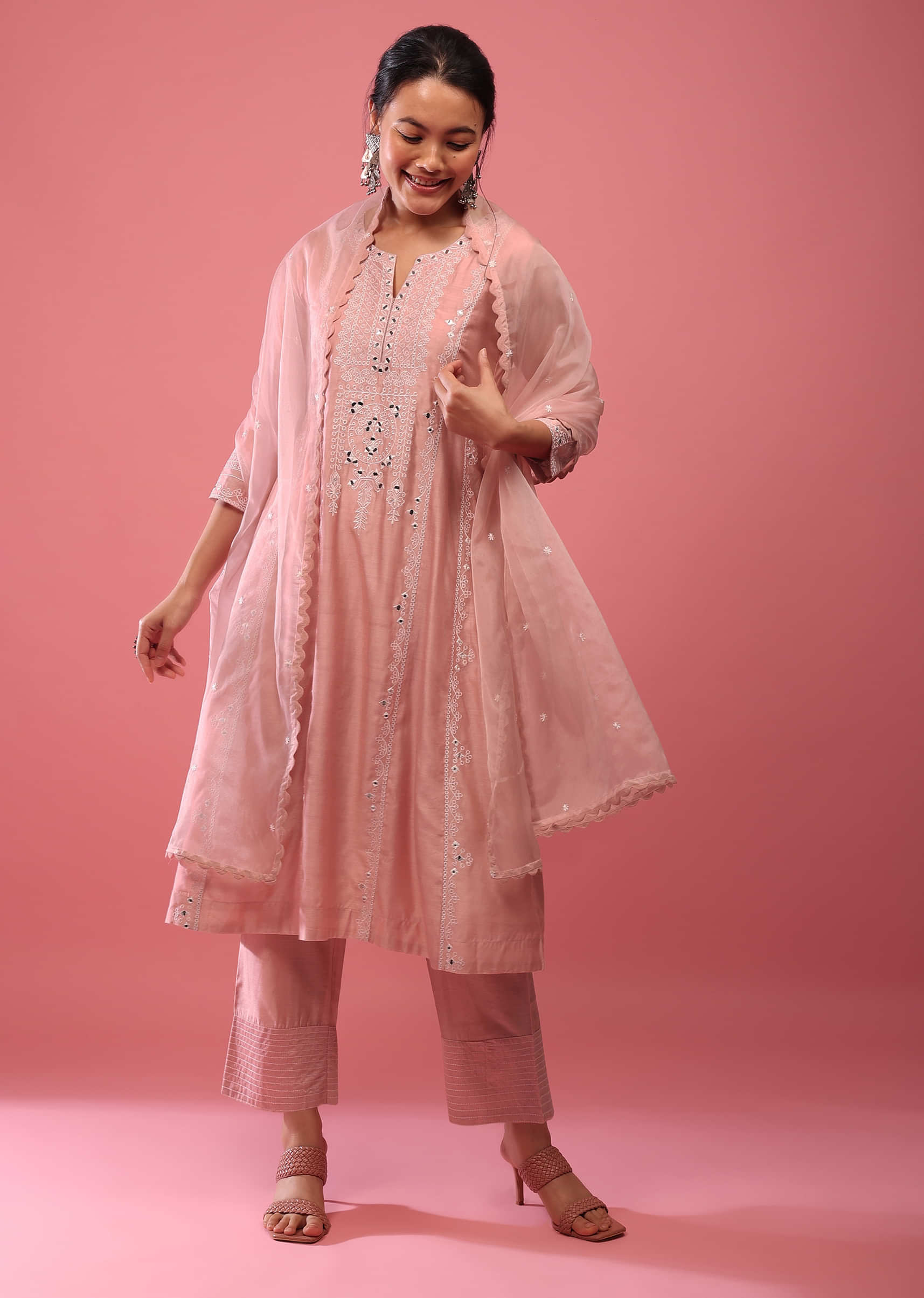 Chintz Rose Pink Pant Suit Set In Lucknowi Abla Embroidery With Mirror & Organza Dupatta