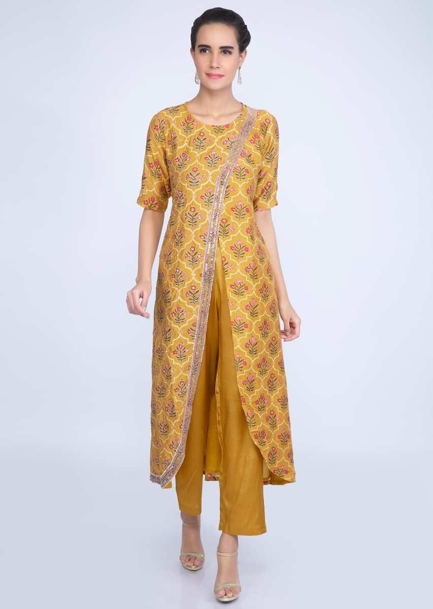 Chrome Yellow Aangrakha Style Printed Suit With Matching Straight Pant Online - Kalki Fashion