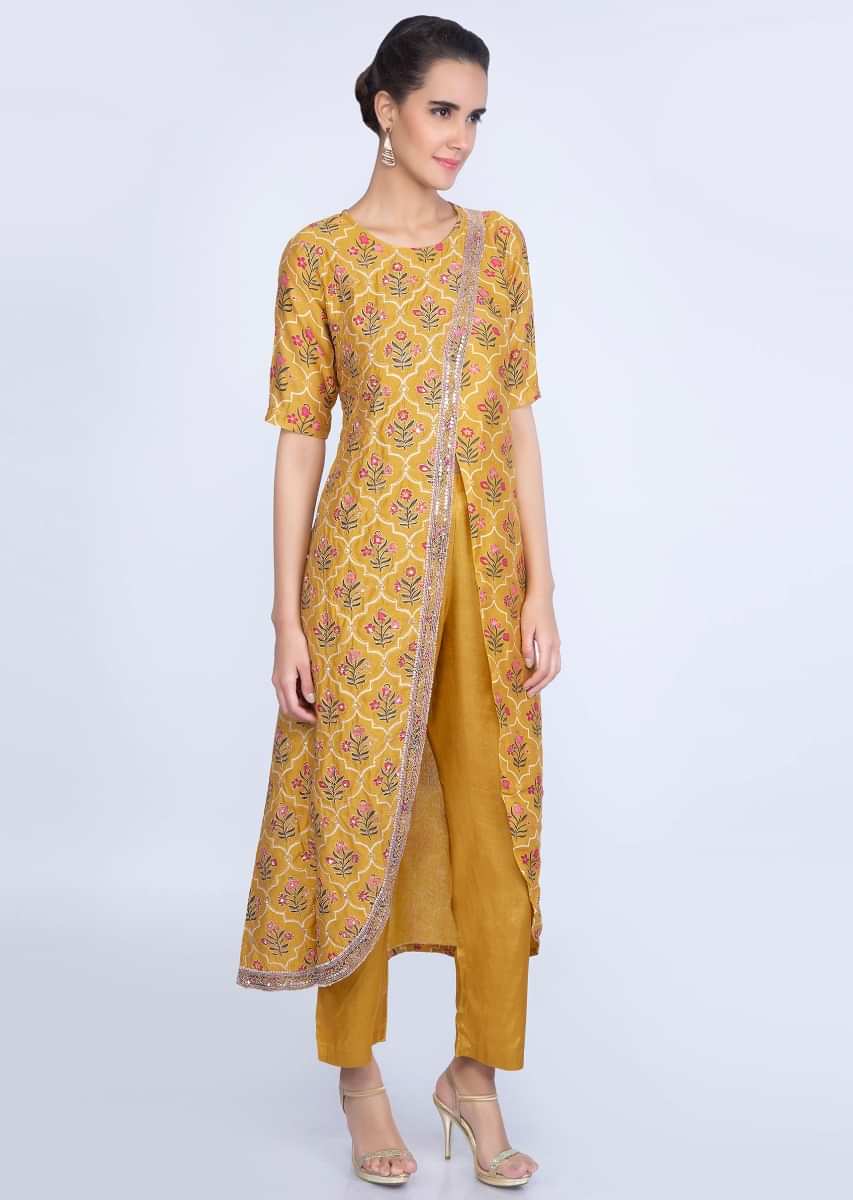 Chrome Yellow Aangrakha Style Printed Suit With Matching Straight Pant Online - Kalki Fashion