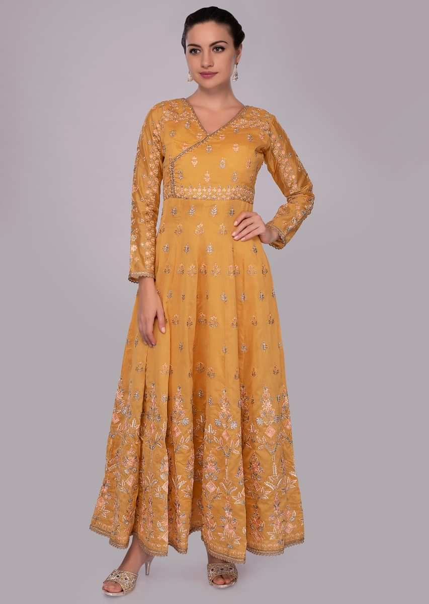 Chrome yellow anarkali dress in floral resham zari embroidery and butti 