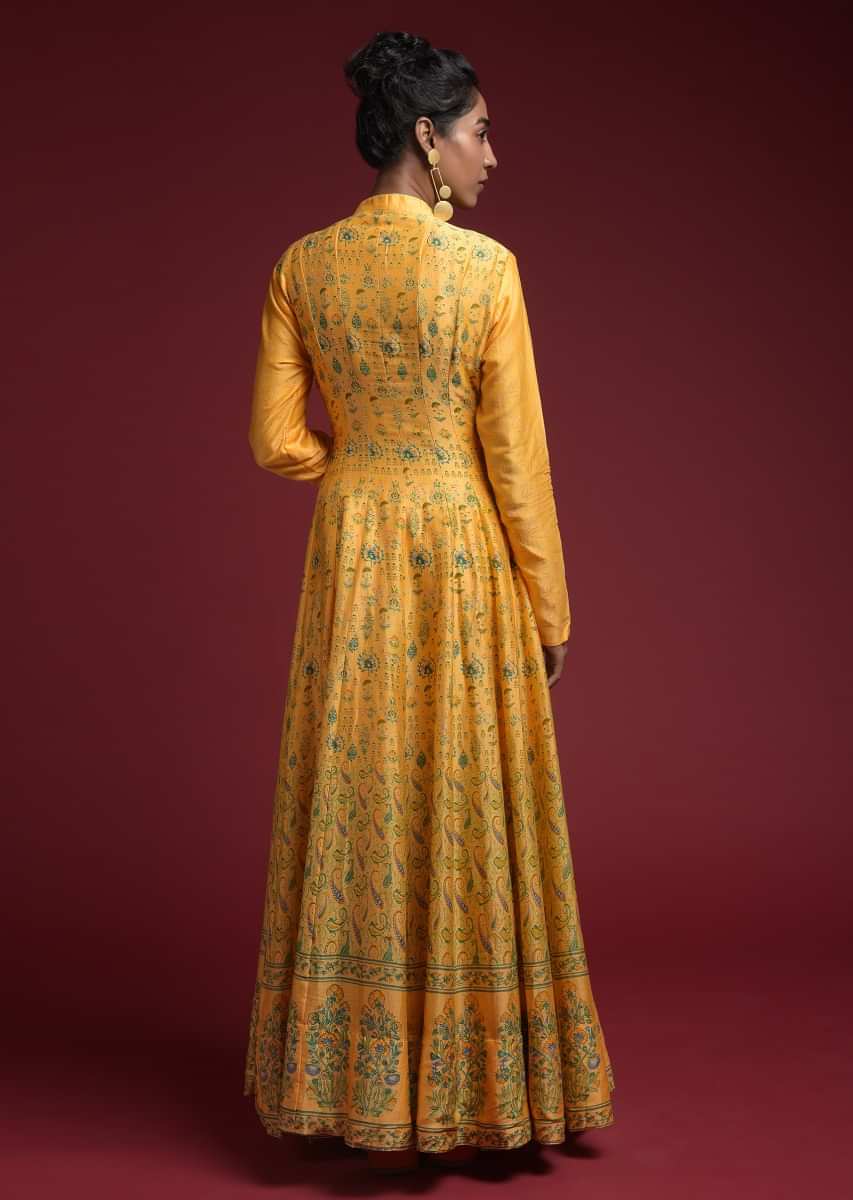 Chrome Yellow Anarkali Dress In Silk With Green Floral Print  