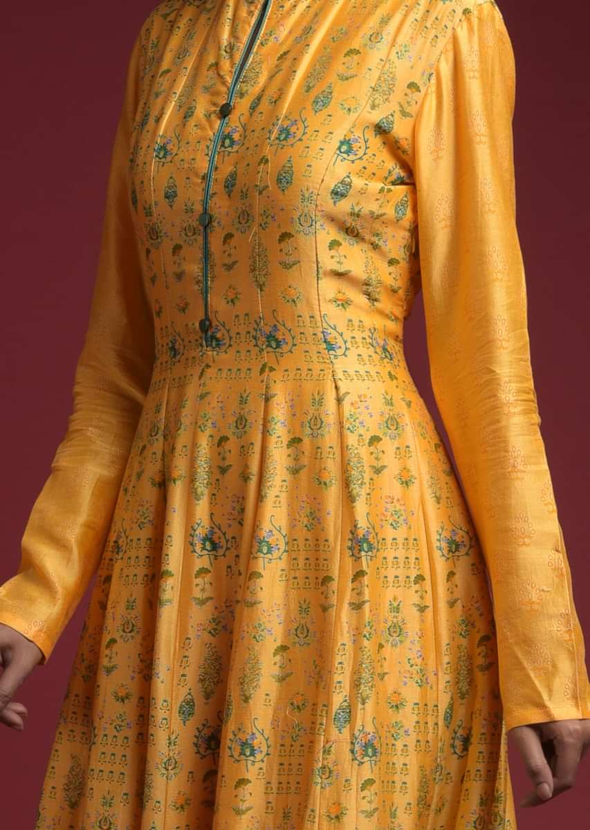 Chrome Yellow Anarkali Dress In Silk With Green Floral Print  