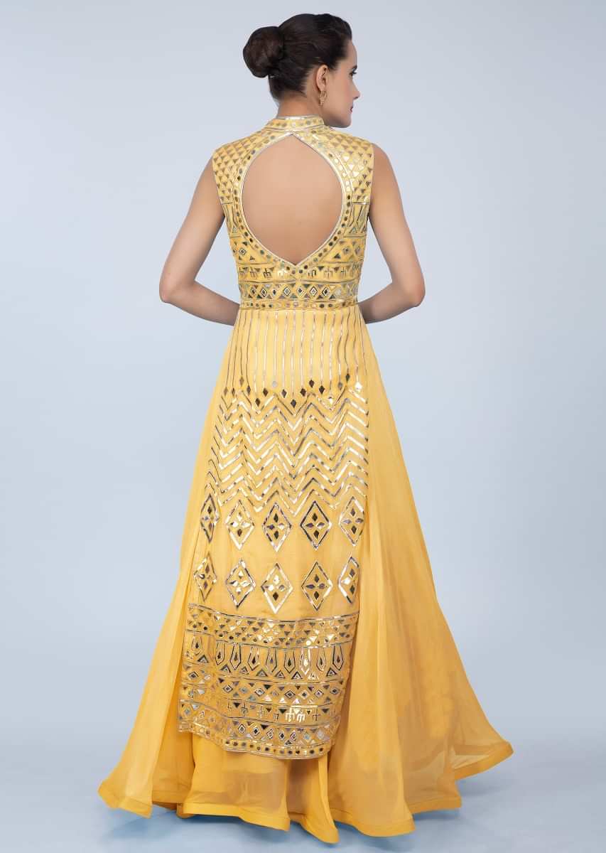 Chrome Yellow Anarkali Gown With Lurex Applique Work Online - Kalki Fashion