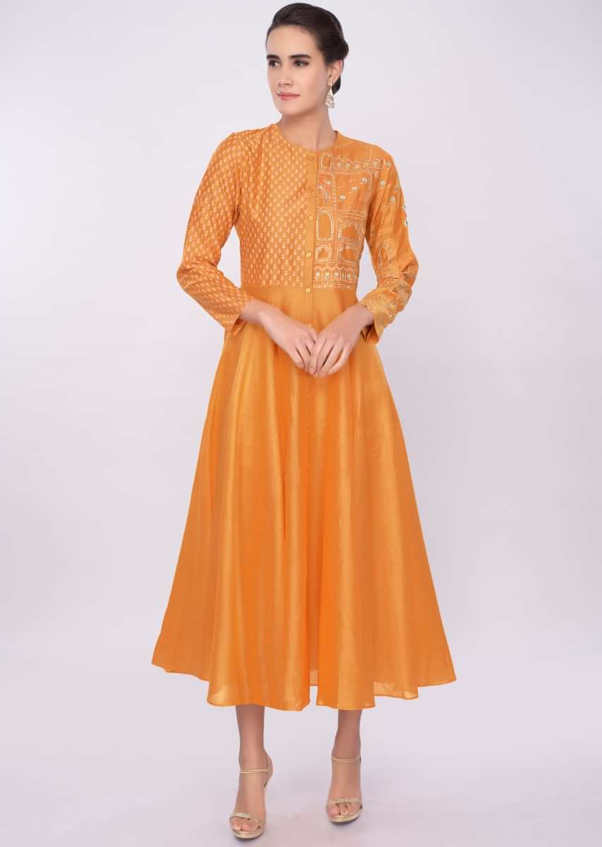 Chrome Yellow Kurti In Cotton Silk With Print And Embroidered Bodice Online - Kalki Fashion
