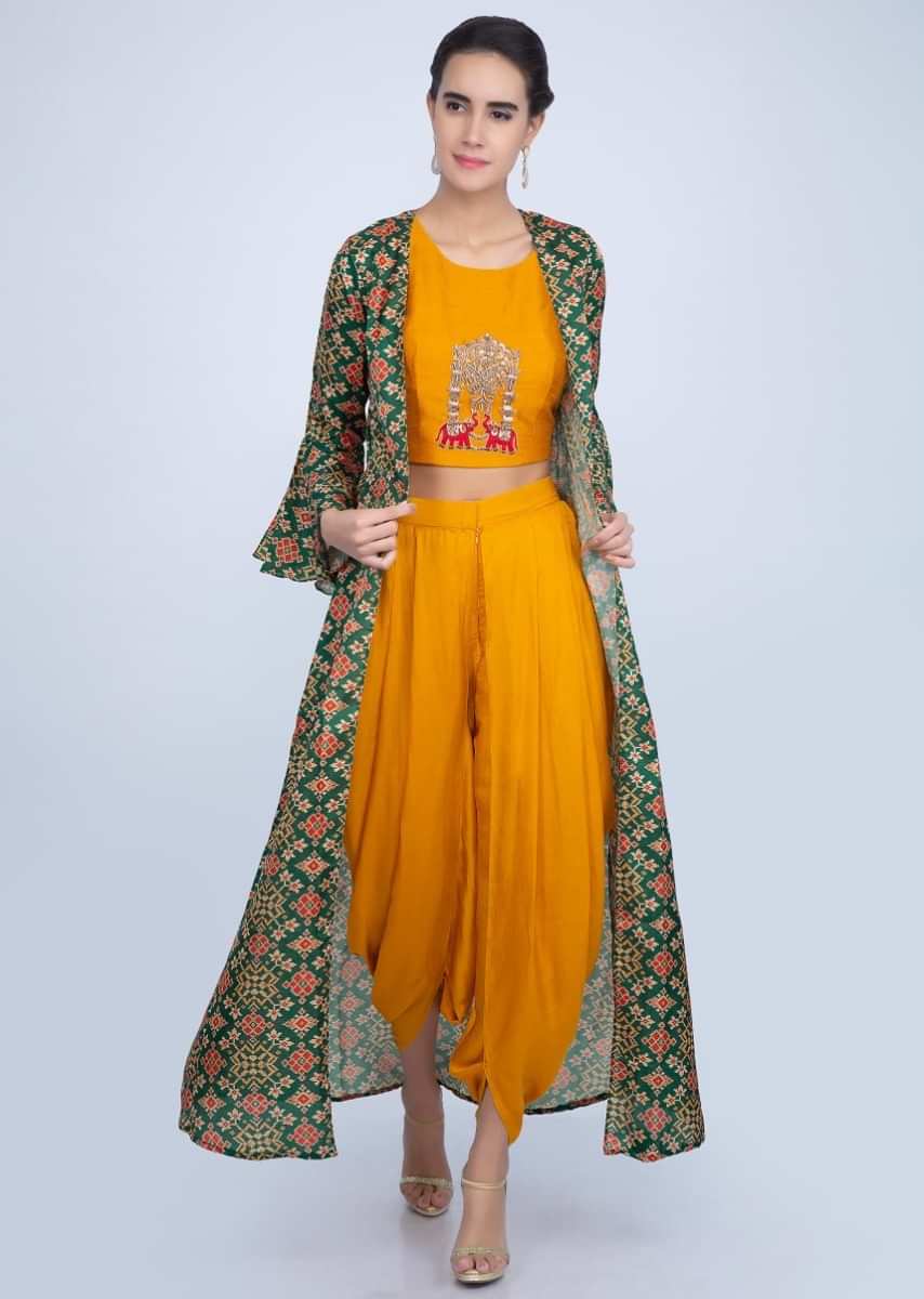 Chrome Yellow Dhoti And Crop Top With A Contrasting Green Jacket Online - Kalki Fashion