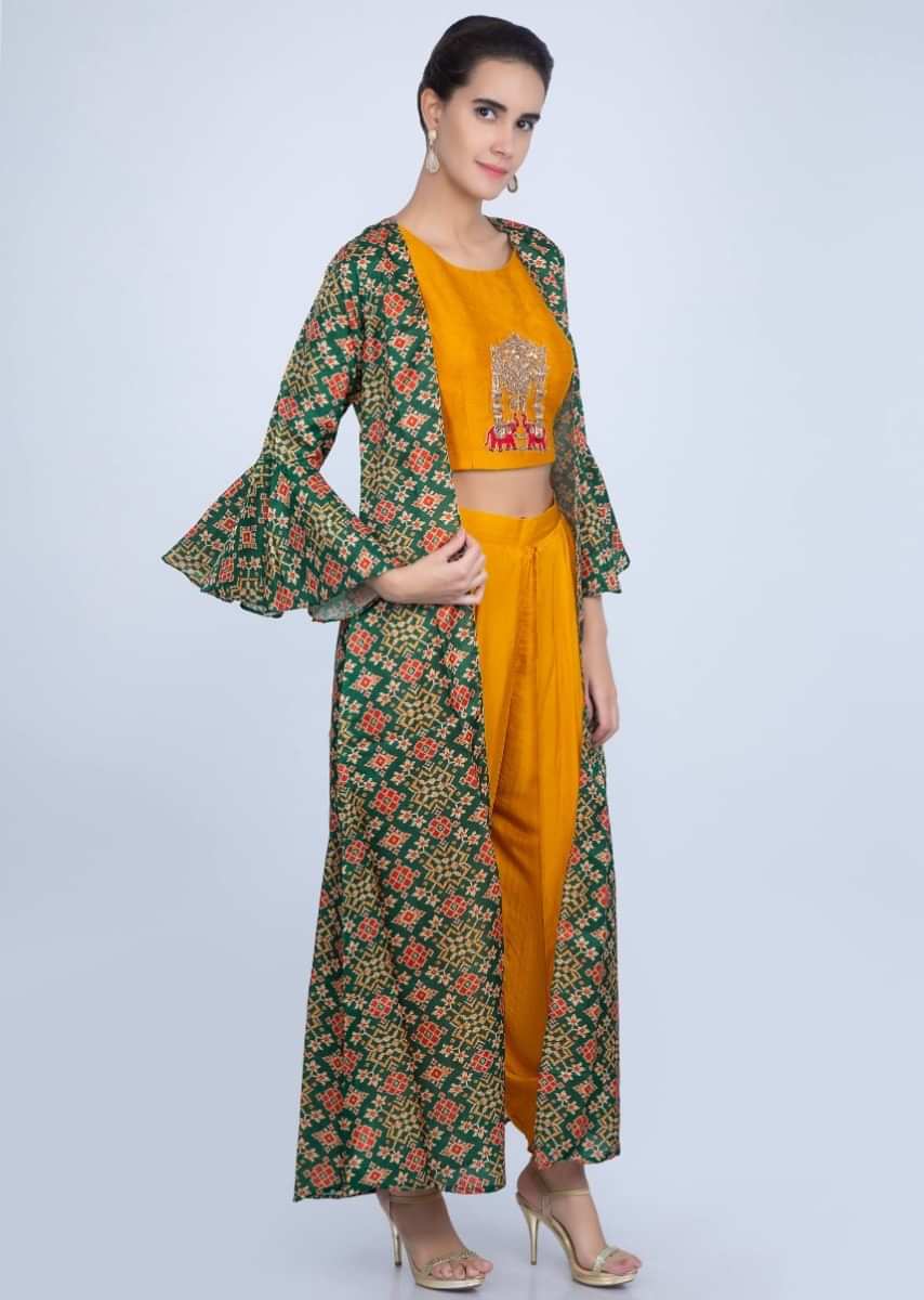 Chrome Yellow Dhoti And Crop Top With A Contrasting Green Jacket Online - Kalki Fashion