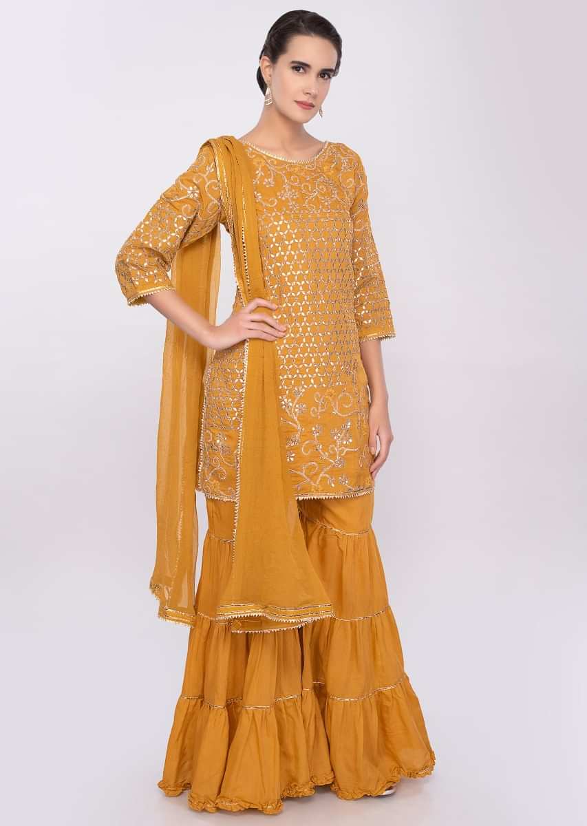 Chrome Yellow Sharara Suit Set In Embroidered Cotton Silk Online - Kalki Fashion