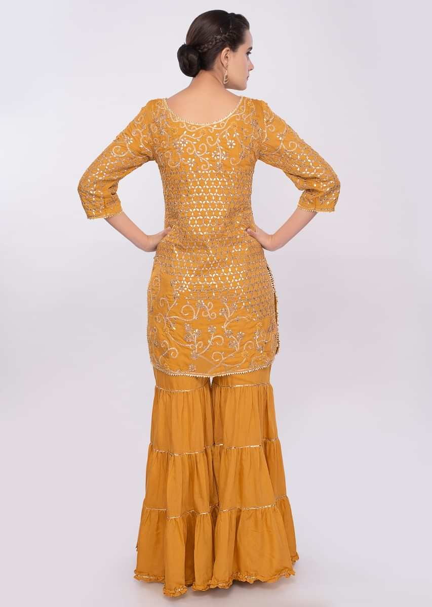 Chrome Yellow Sharara Suit Set In Embroidered Cotton Silk Online - Kalki Fashion