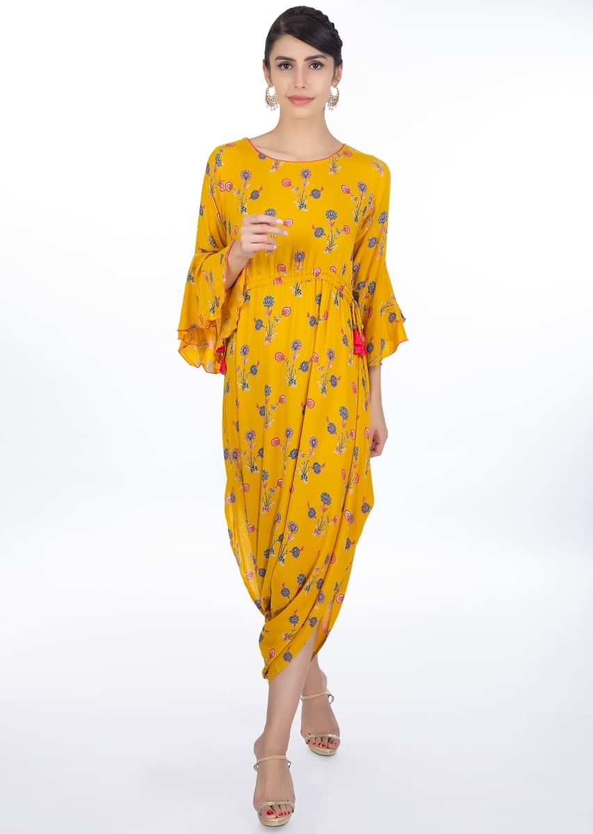 Chrome yellow floral printed cotton jump suit