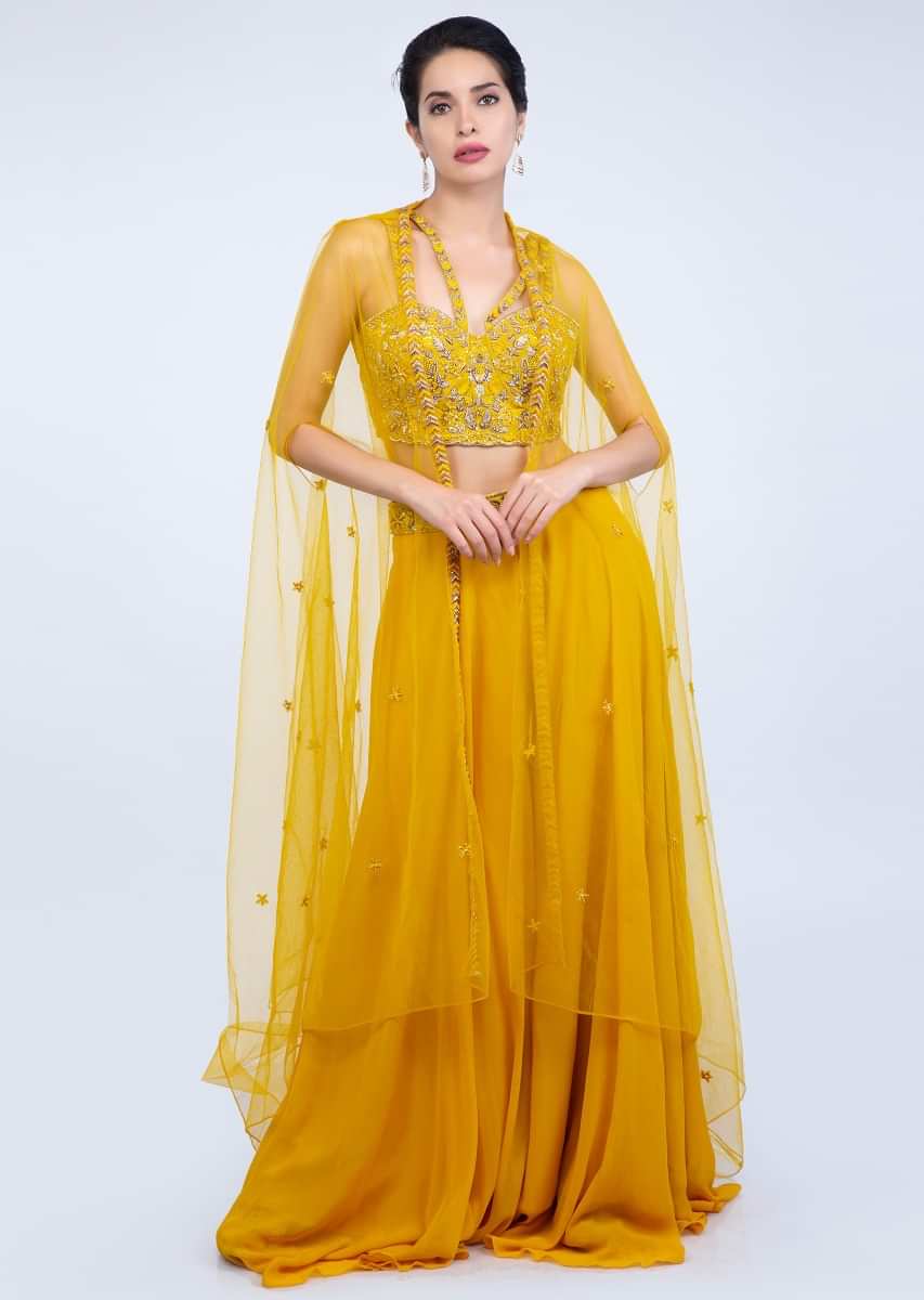 Anya Singh in Kalki chrome yellow georgette palazzo with embroidered crop top and a long net jacket 