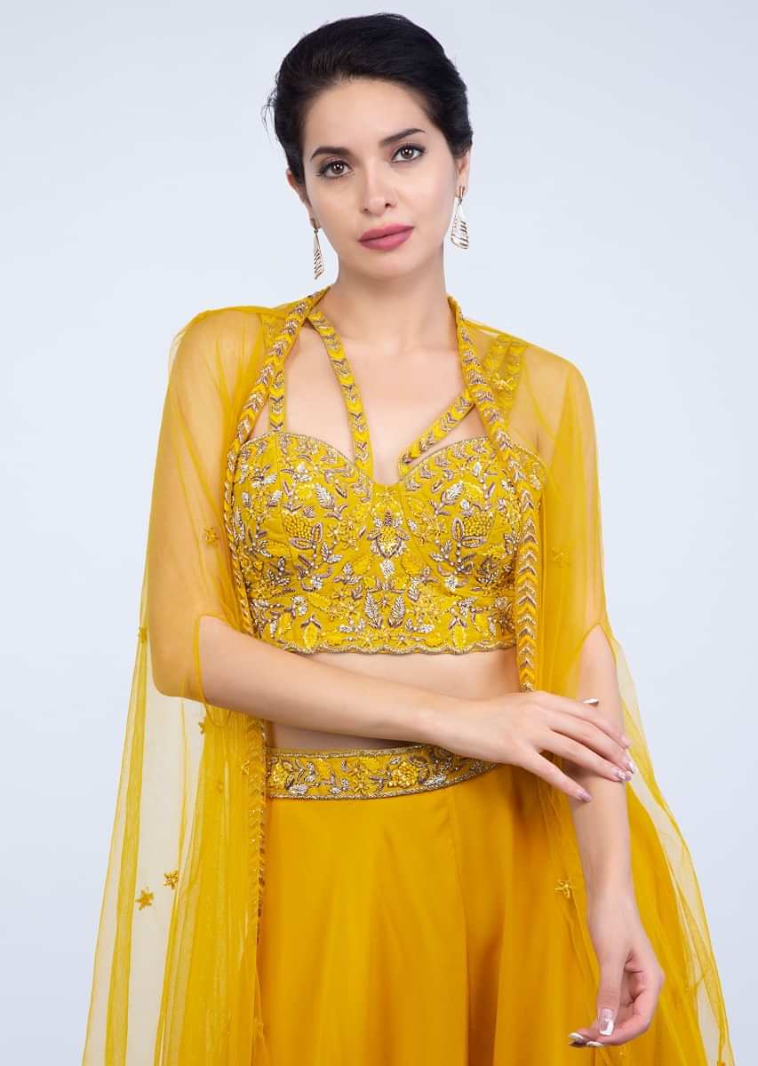 Anya Singh in Kalki chrome yellow georgette palazzo with embroidered crop top and a long net jacket 
