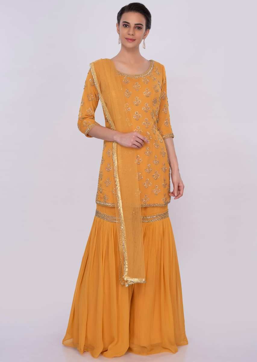 Chrome Yellow Sharara Suit Set In Georgette With Cut Dana And Sequins Embroidery Online - Kalki Fashion