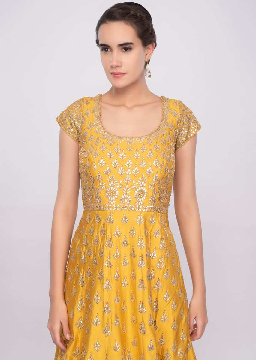 Chrome yellow gotta patch embroidered raw silk anarkali dress only on Kalki