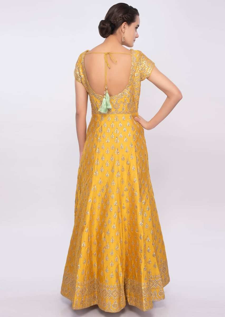 Chrome yellow gotta patch embroidered raw silk anarkali dress only on Kalki