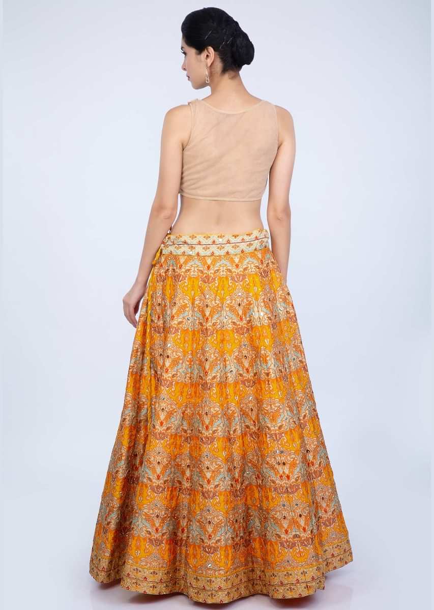 Chrome Yellow Lehenga In Patola Printed Cotton Silk Paired With Sea Green Organza Dupatta Online - Kalki Fashion